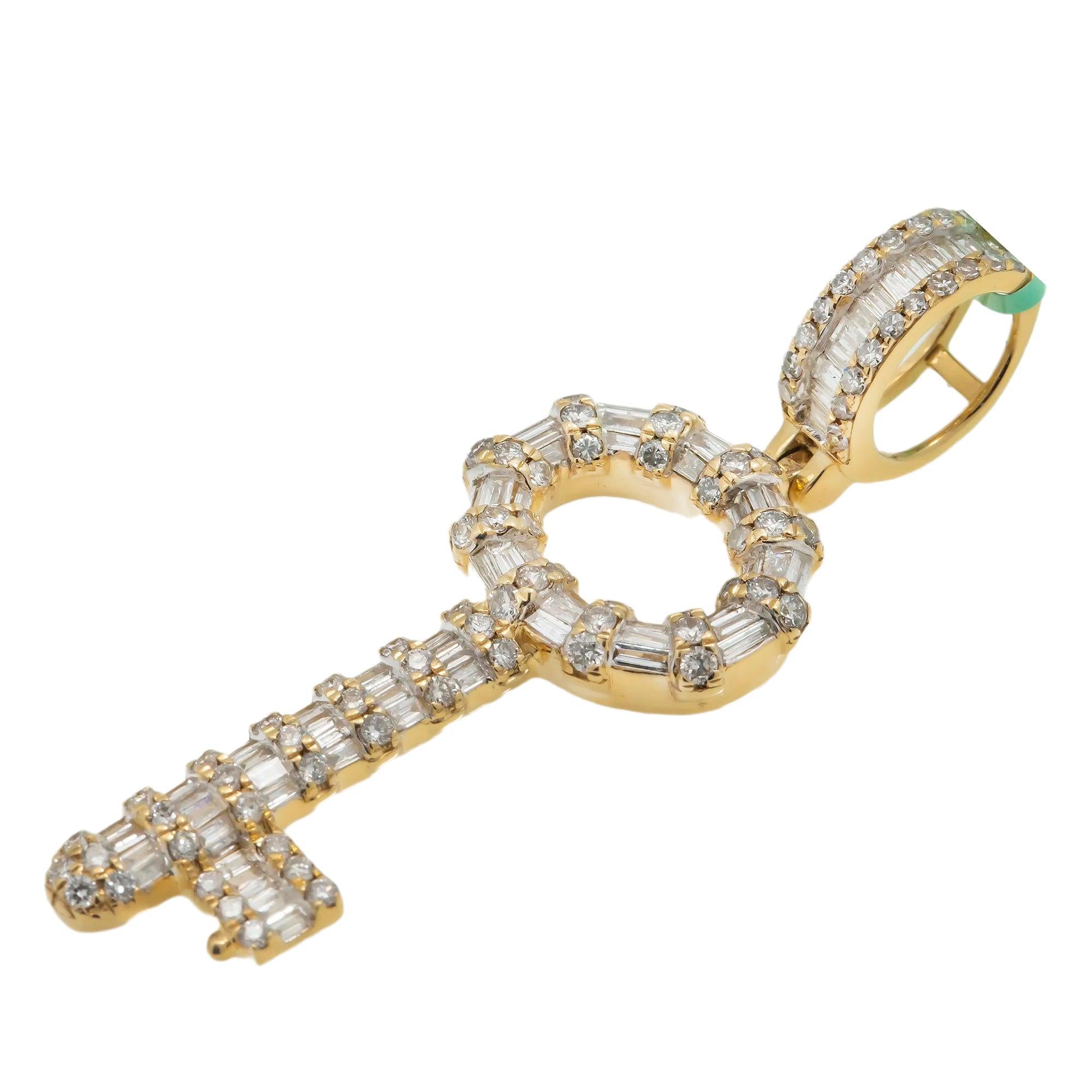 14K GOLD BAGUETTE AND ROUND DIAMOND KEY PENDANT 1.55 CT