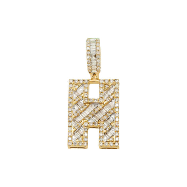 10K GOLD BAGUETTE AND ROUND DIAMOND INITIAL H PENDANT 1.65 CT