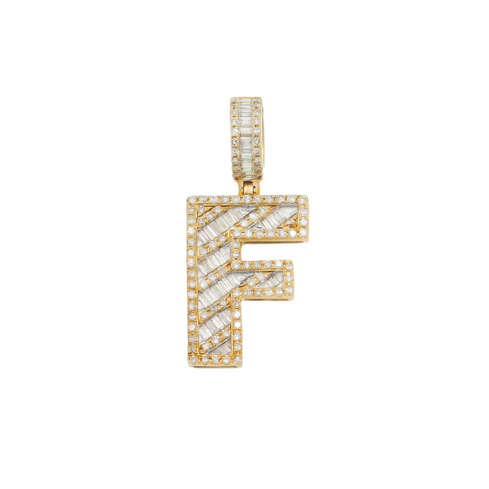 10K GOLD BAGUETTE AND ROUND DIAMOND INITIAL F PENDANT 1.25 CT