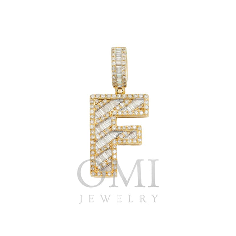 10K GOLD BAGUETTE AND ROUND DIAMOND INITIAL F PENDANT 1.25 CT