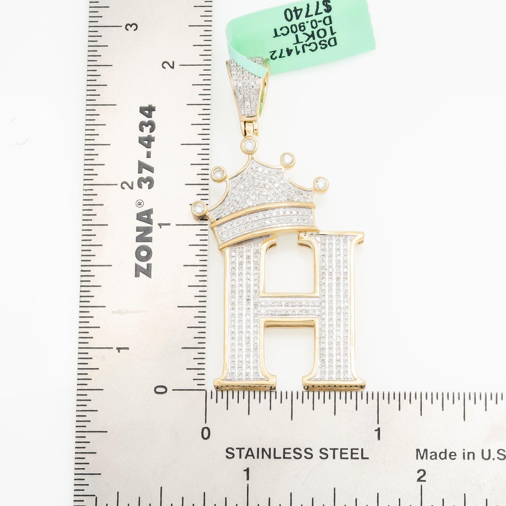 10K GOLD ROUND DIAMOND INITIAL H WITH CROWN PENDANT 0.90 CT