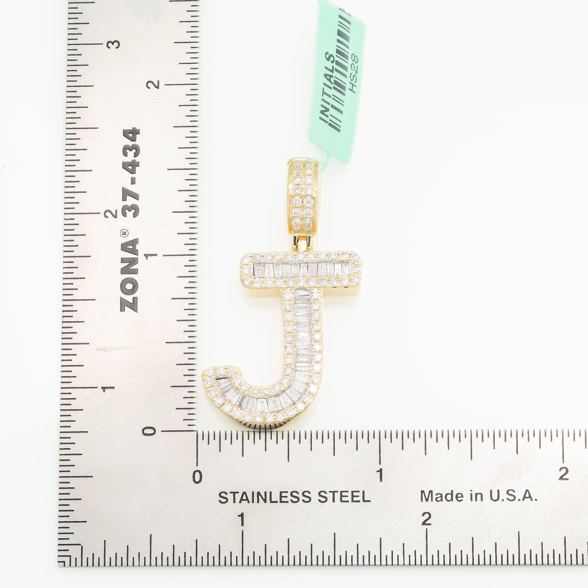14K GOLD BAGUETTE AND ROUND DIAMOND INITIAL J PENDANT 1.60 CT