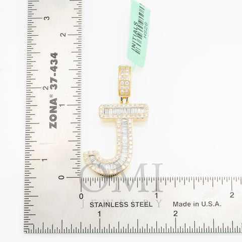 14K GOLD BAGUETTE AND ROUND DIAMOND INITIAL J PENDANT 1.60 CT