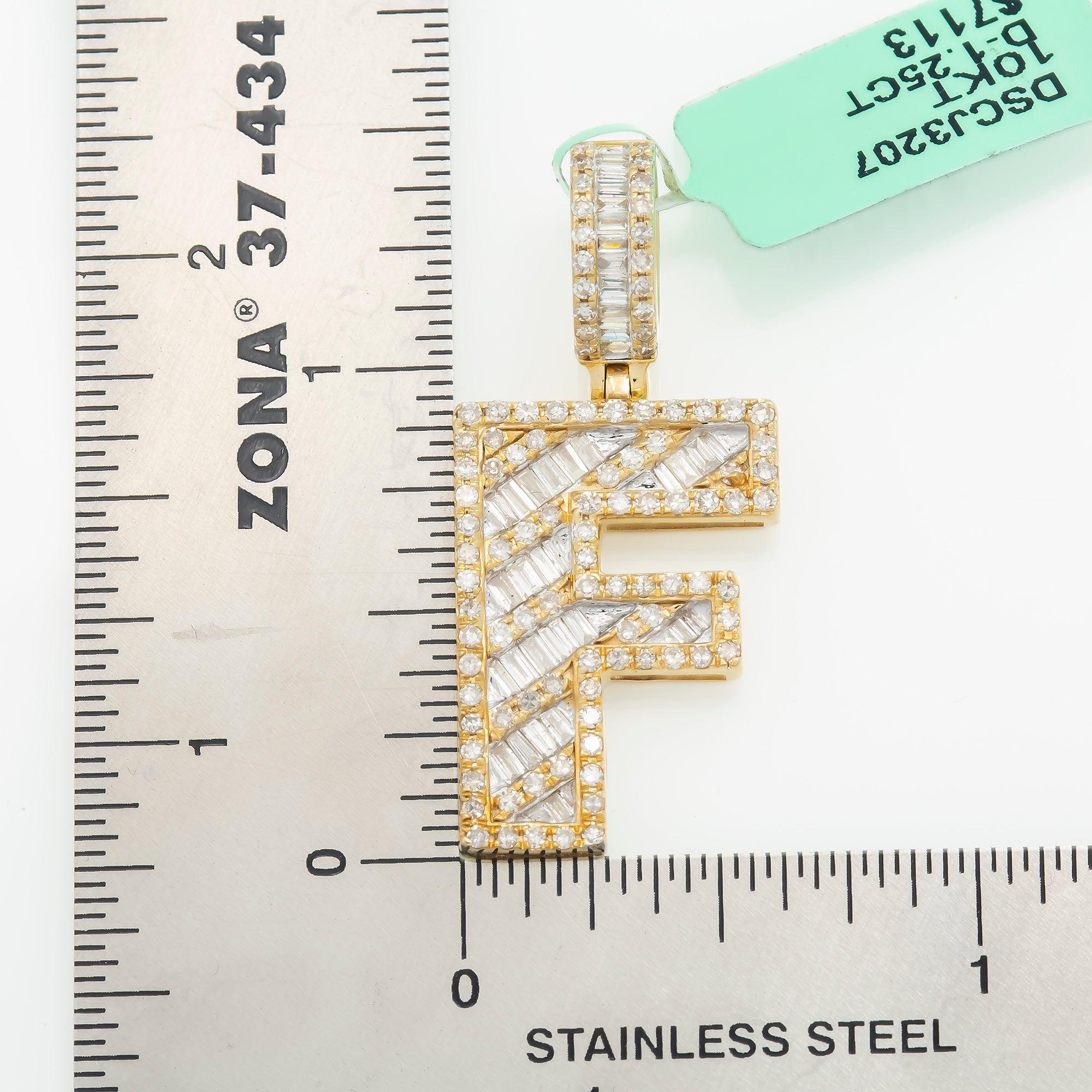 10K GOLD BAGUETTE AND ROUND DIAMOND INITIAL F PENDANT 1.25 CT