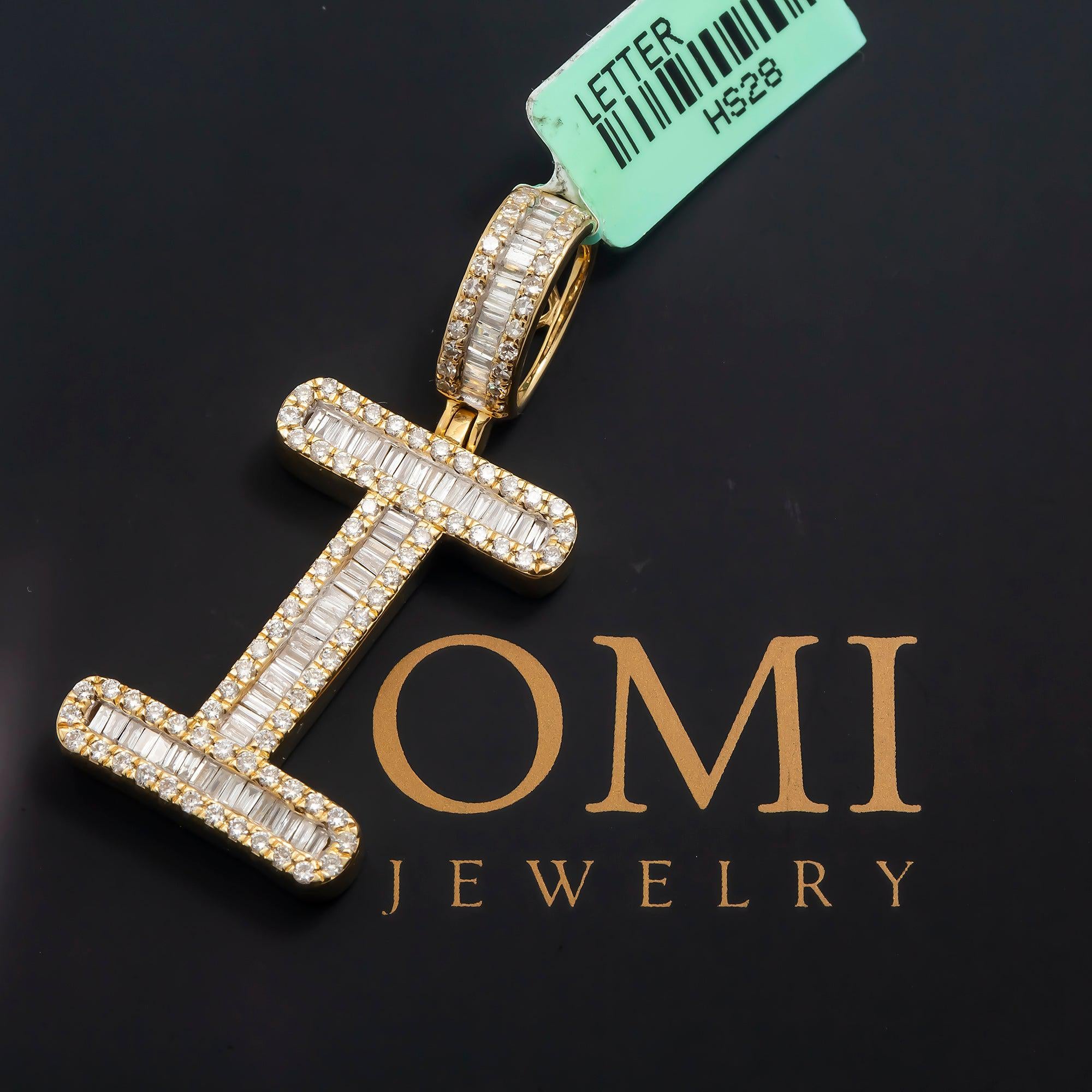 14K GOLD BAGUETTE AND ROUND DIAMOND INITIAL I PENDANT 1.60 CT