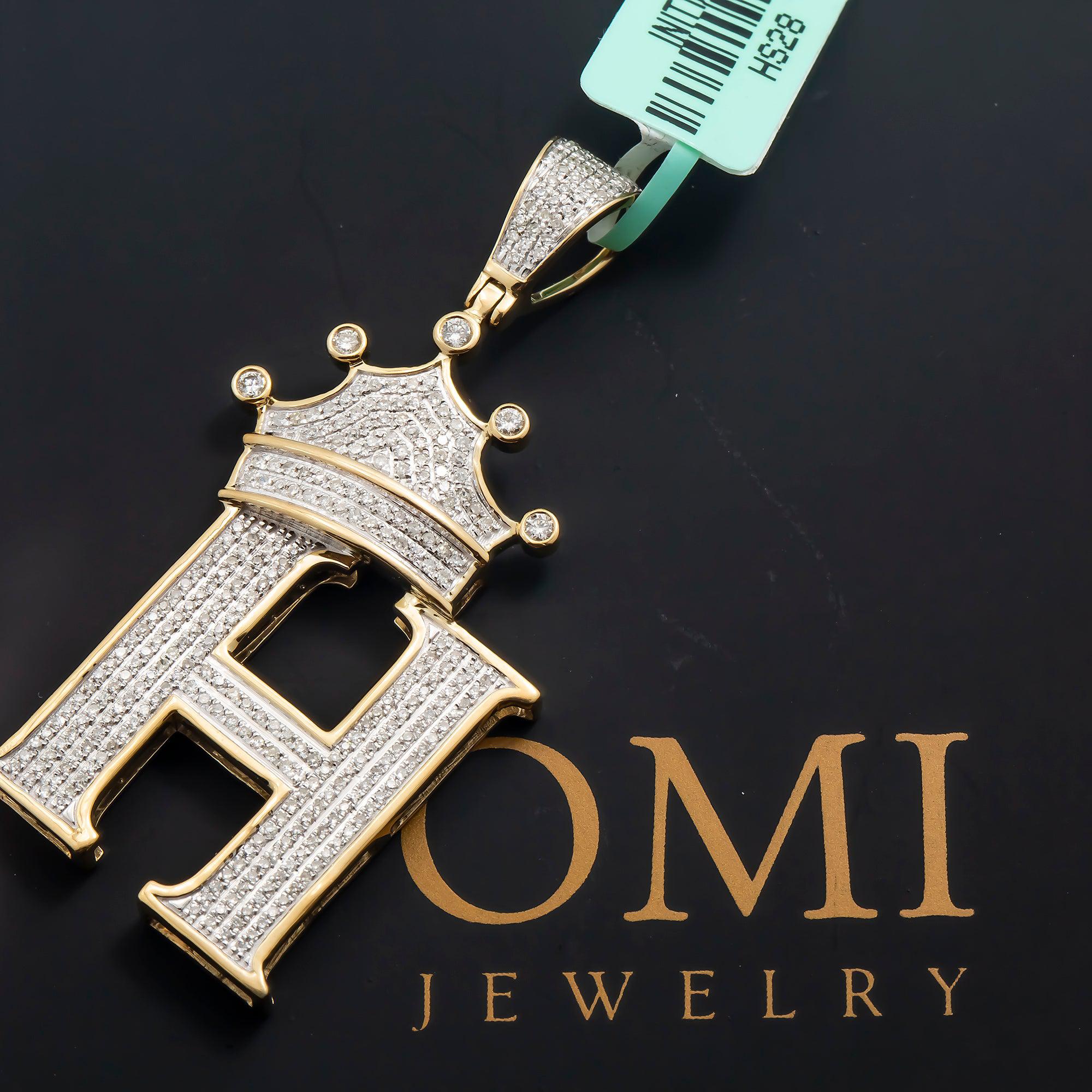 10K GOLD ROUND DIAMOND INITIAL H WITH CROWN PENDANT 0.90 CT
