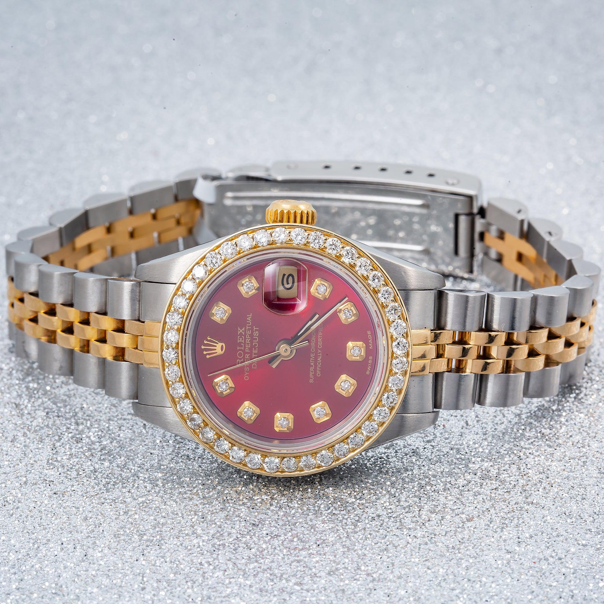 Rolex Datejust 26MM 6917 Red Diamond Dial Diamond Bezel Two Tone Yellow Gold Jubilee Bracelet