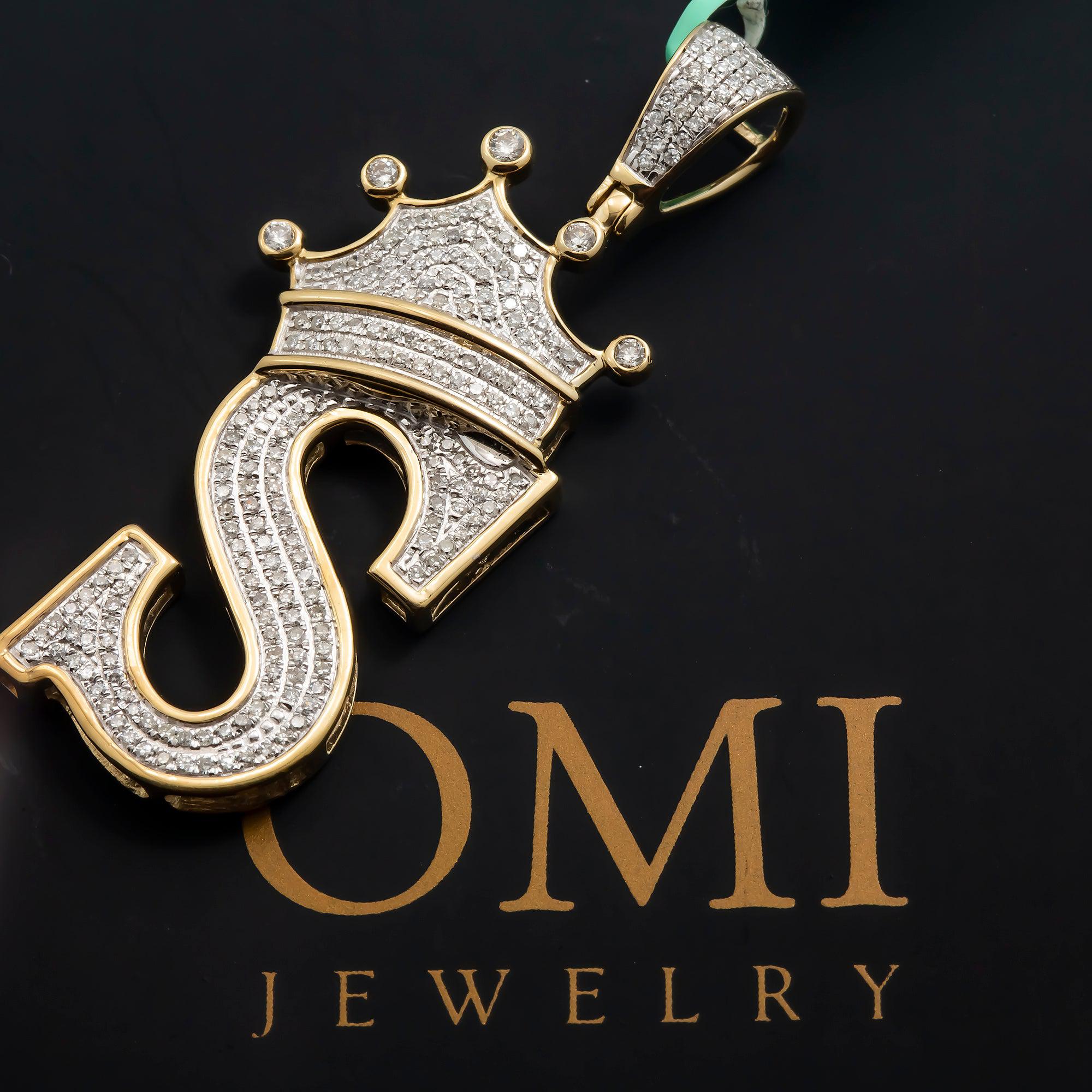 10K GOLD ROUND DIAMOND INITIAL S WITH CROWN PENDANT 0.76 CT