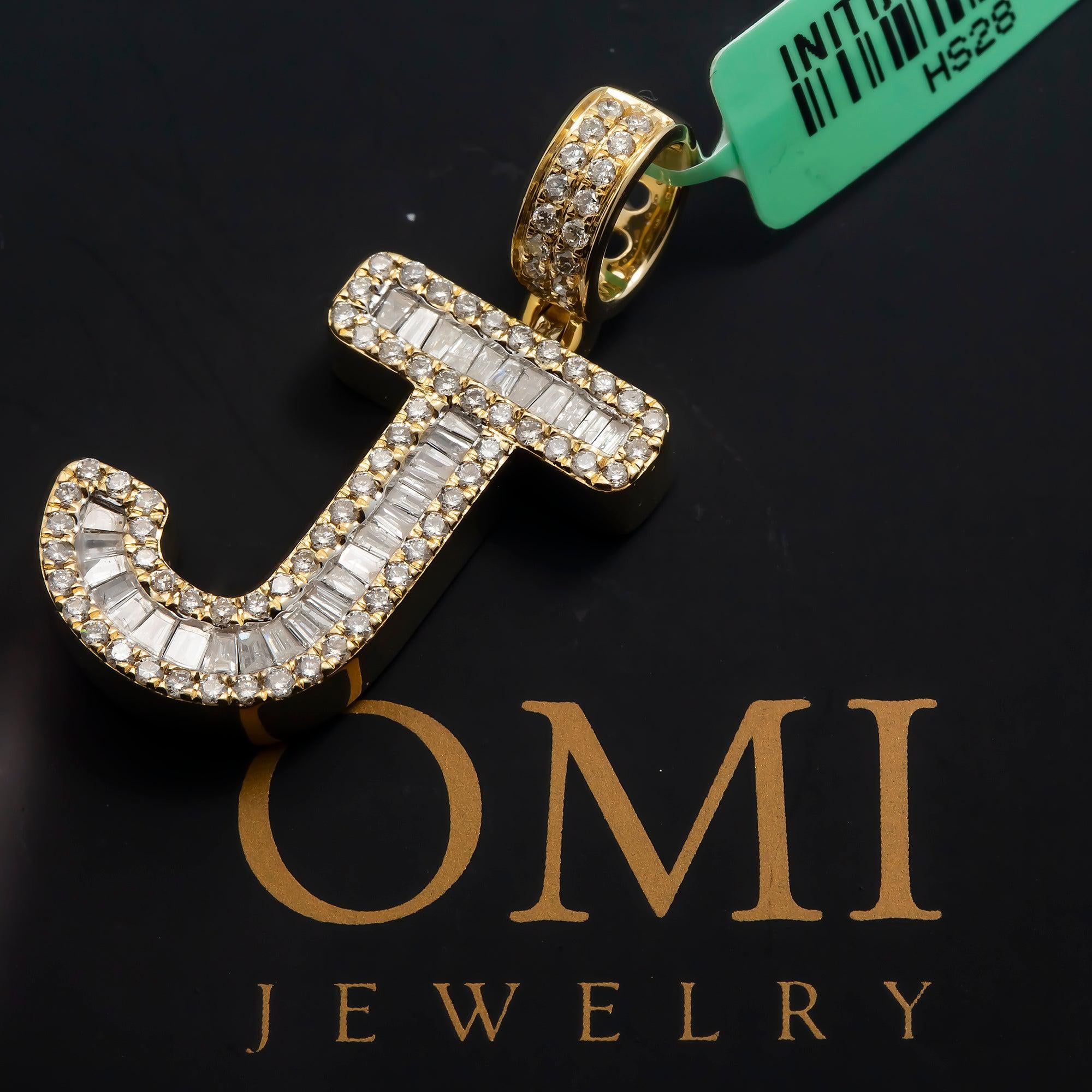 14K GOLD BAGUETTE AND ROUND DIAMOND INITIAL J PENDANT 1.60 CT