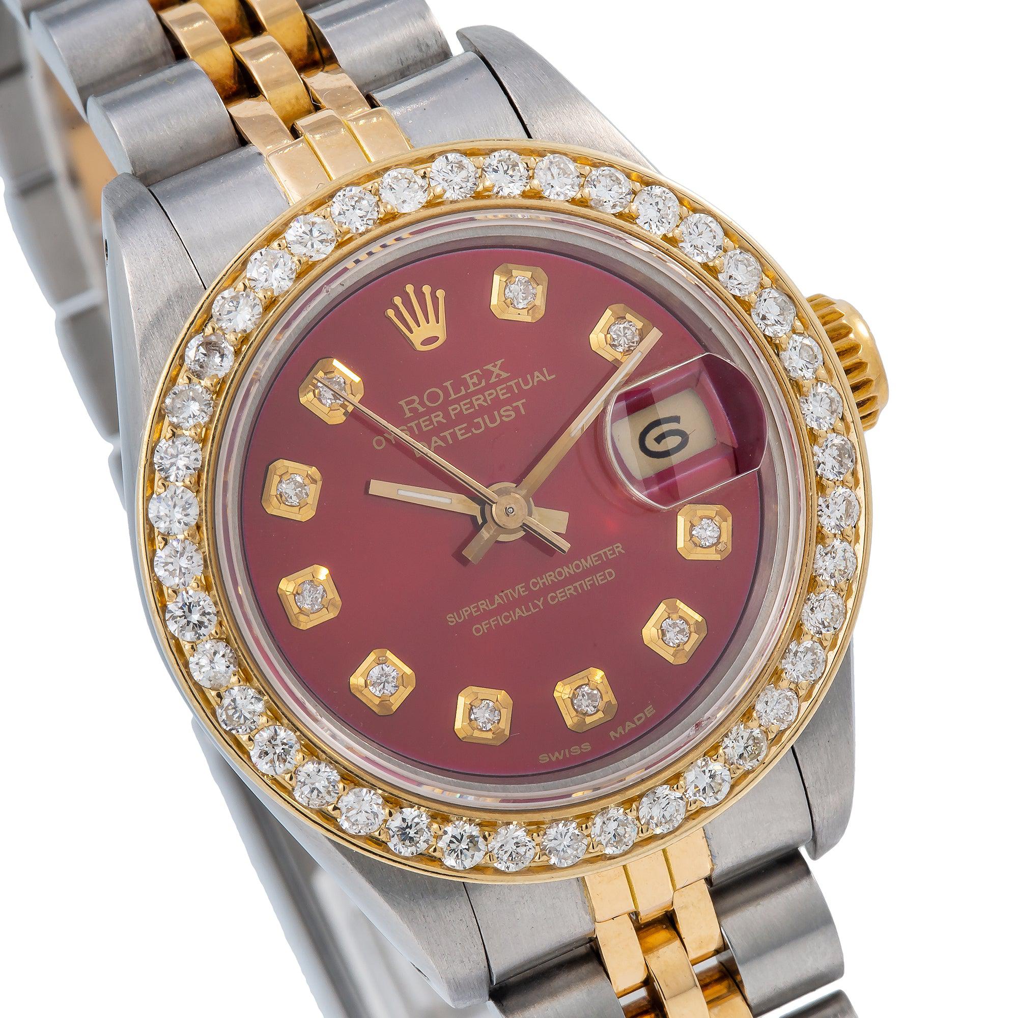 Rolex Datejust 26MM 6917 Red Diamond Dial Diamond Bezel Two Tone Yellow Gold Jubilee Bracelet