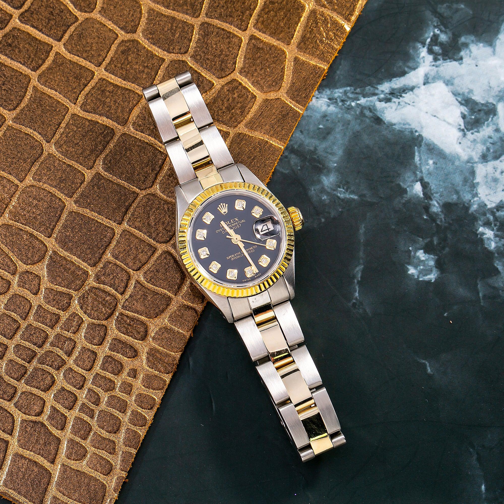 Rolex Datejust 26MM 69173 Black Diamond Dial Fluted Bezel Two Tone Yellow Gold Oyster Bracelet