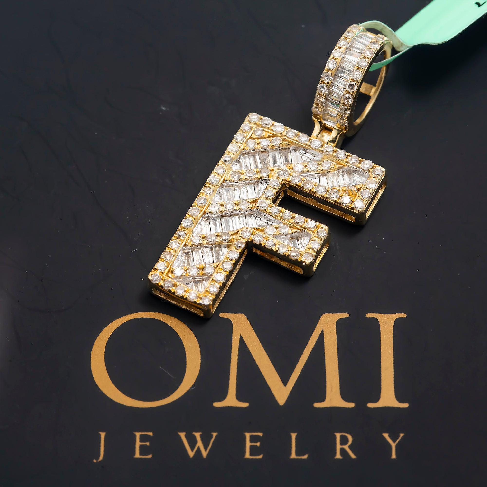 10K GOLD BAGUETTE AND ROUND DIAMOND INITIAL F PENDANT 1.25 CT