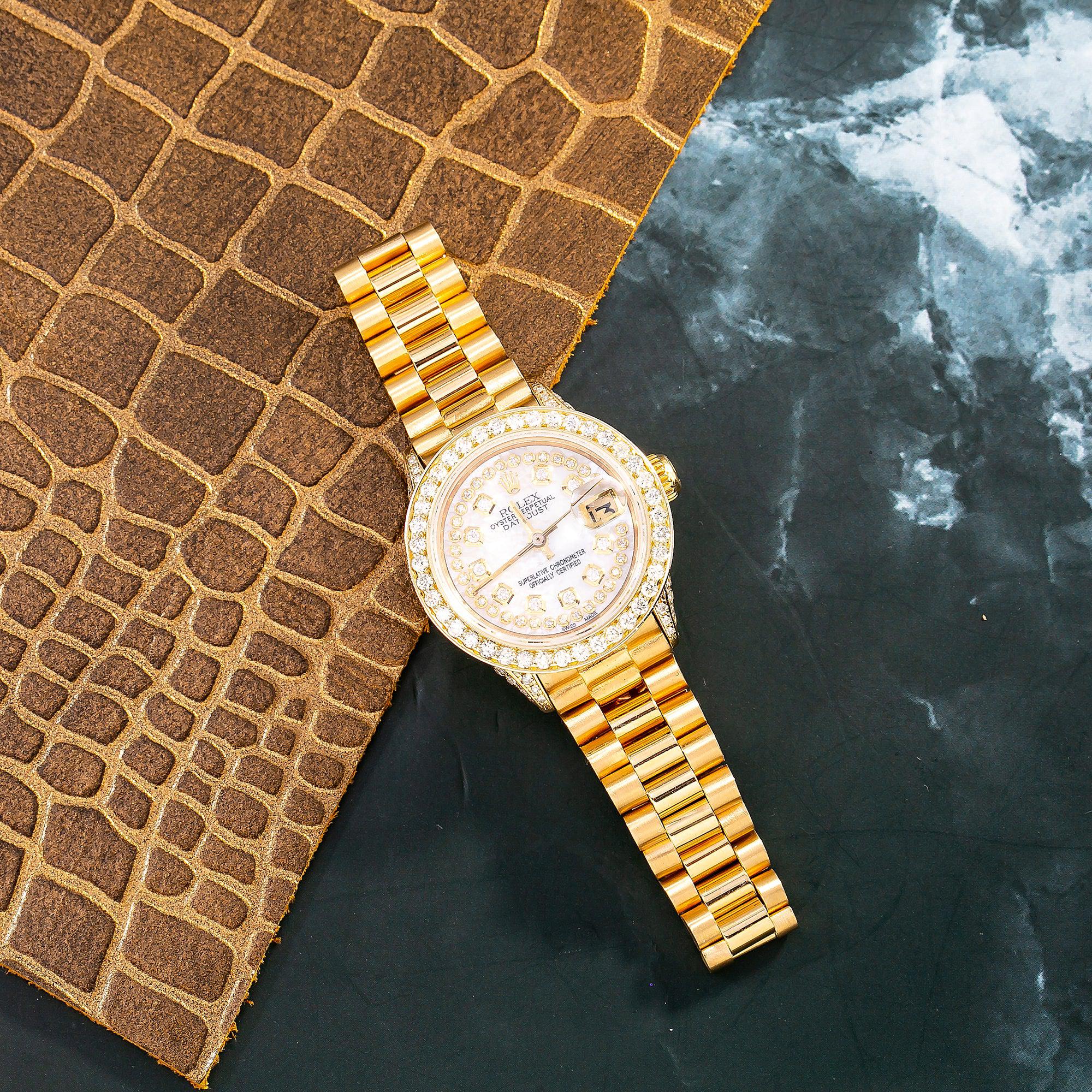 Rolex Datejust 26MM 69178 White Mother of Pearl Diamond Dial Diamond Bezel 18K Yellow Gold President Bracelet