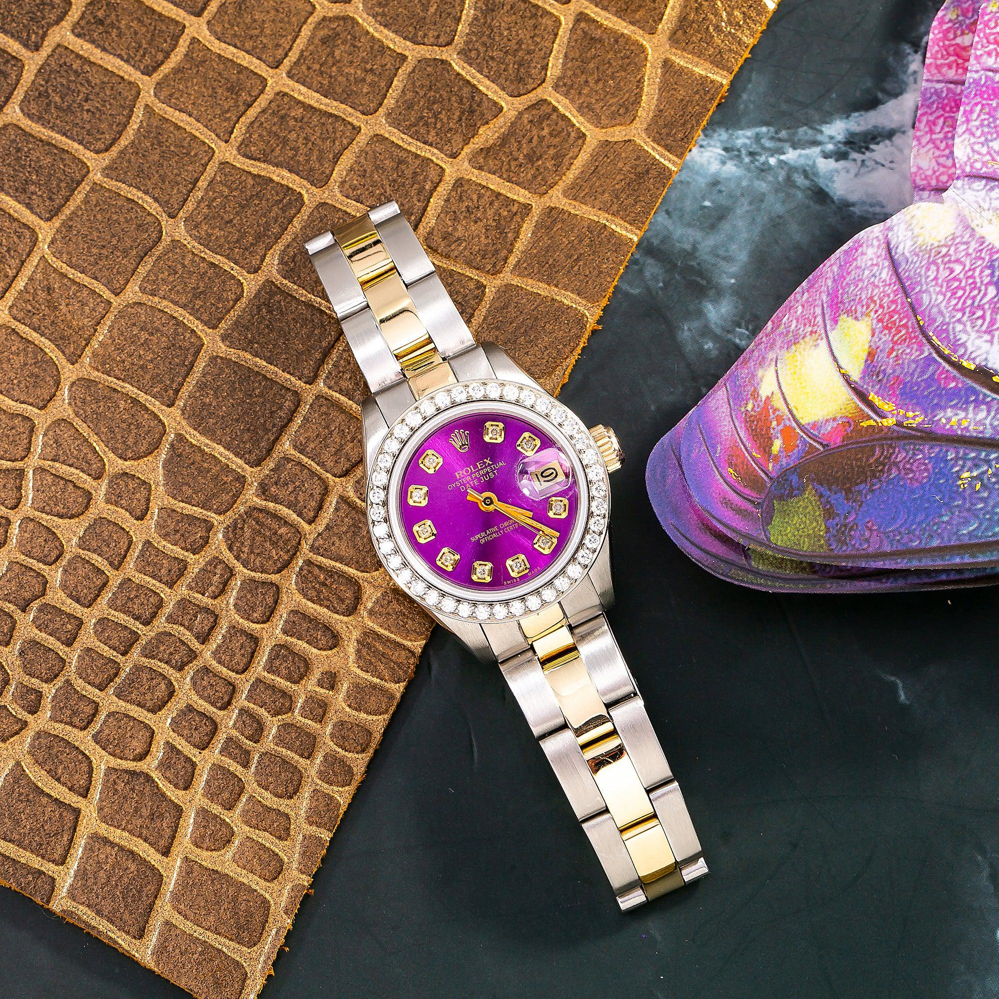 Rolex Datejust 26MM 69173 Purple Diamond Dial Diamond Bezel Two Tone Yellow Gold Oyster Bracelet 0.9ct