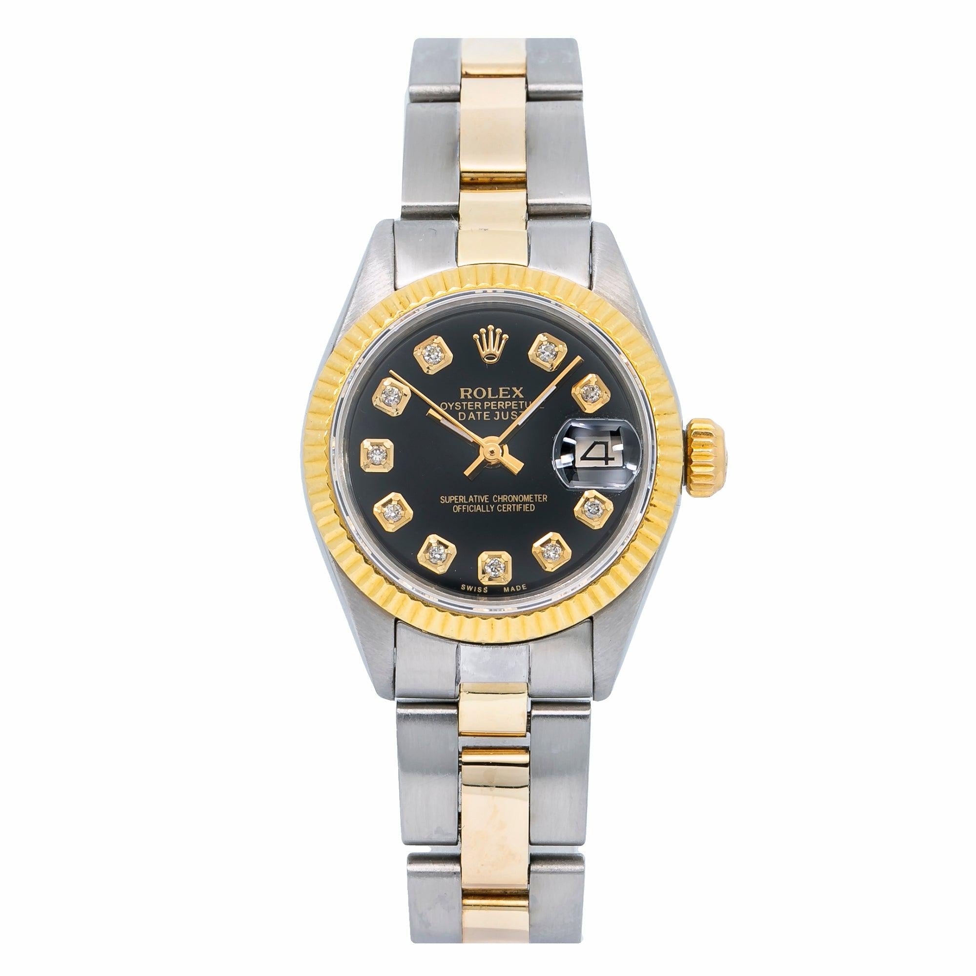Rolex Datejust 26MM 69173 Black Diamond Dial Yellow Gold Fluted Bezel Two Tone Oyster Bracelet