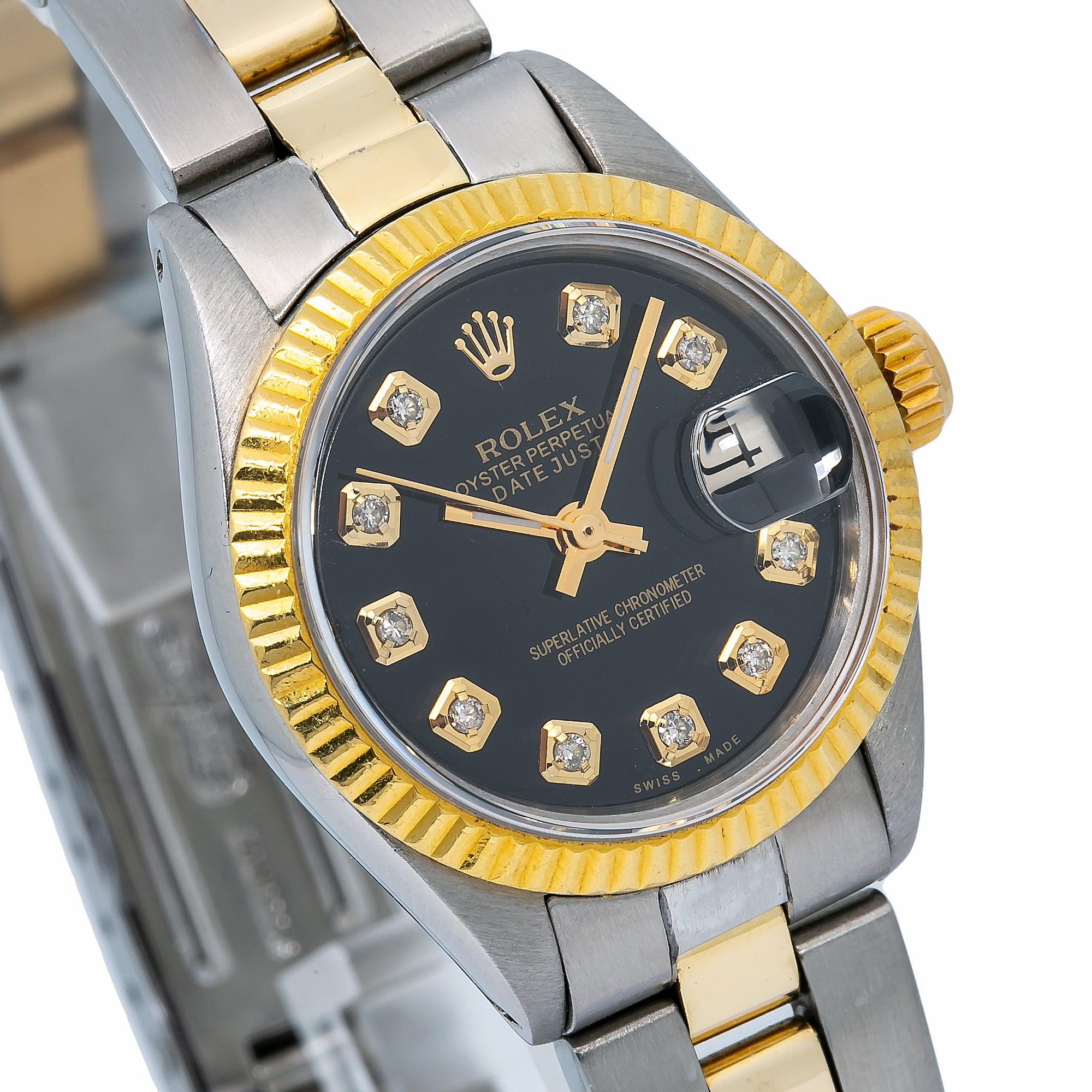 Rolex Datejust 26MM 69173 Black Diamond Dial Fluted Bezel Two Tone Yellow Gold Oyster Bracelet