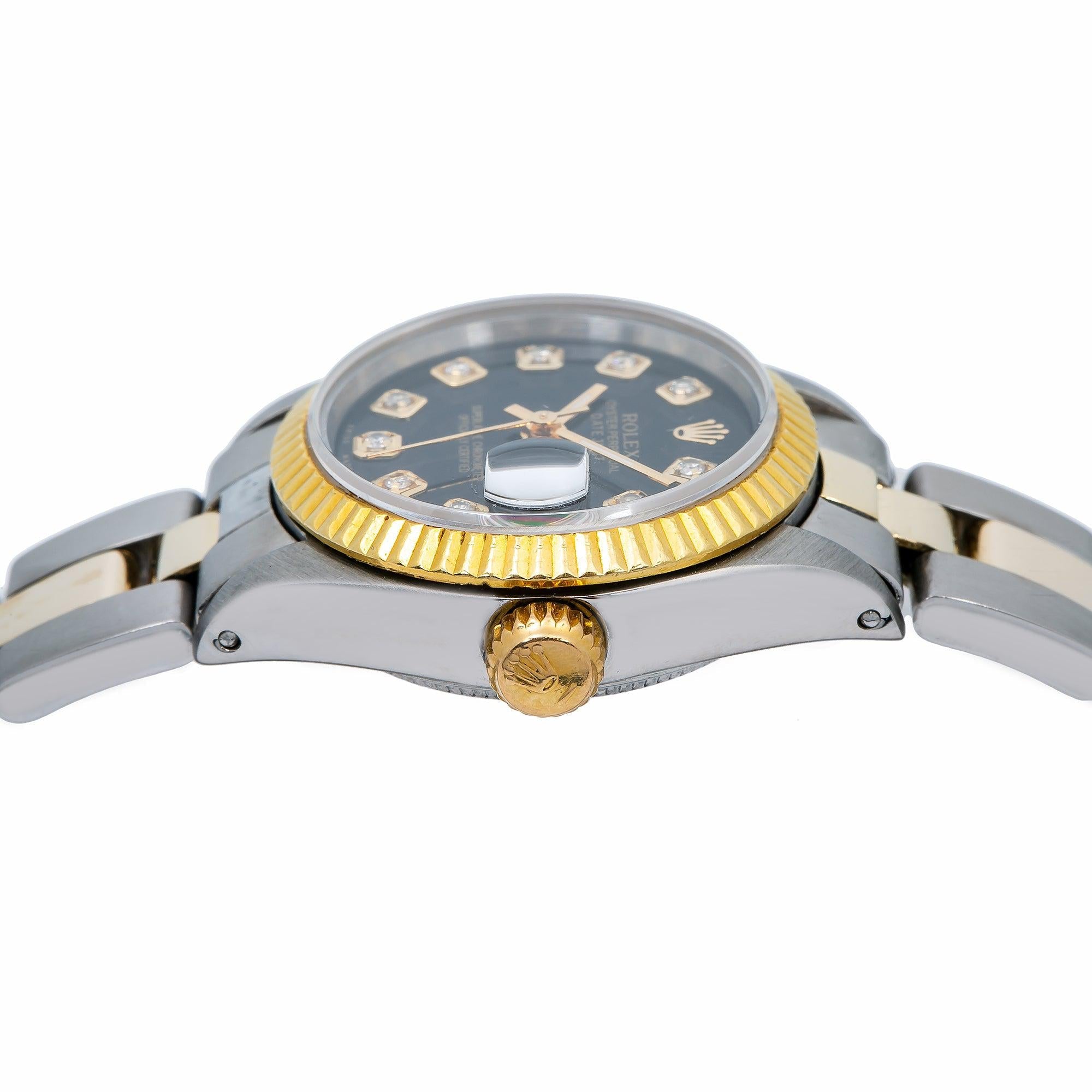 Rolex Datejust 26MM 69173 Black Diamond Dial Fluted Bezel Two Tone Yellow Gold Oyster Bracelet