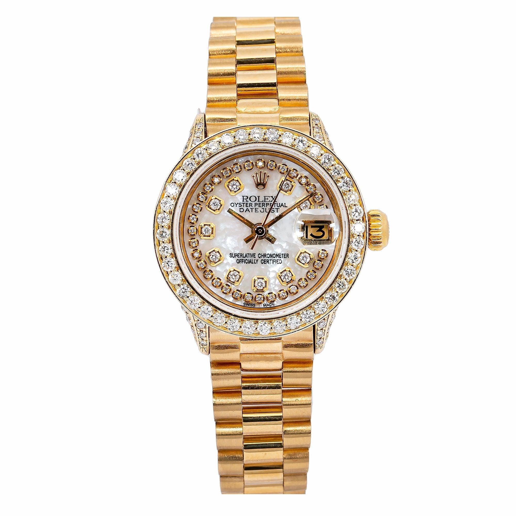 Rolex Datejust 26MM 69178 Mother of Pearl Diamond Dial Diamond Bezel 18K Yellow Gold President Bracelet
