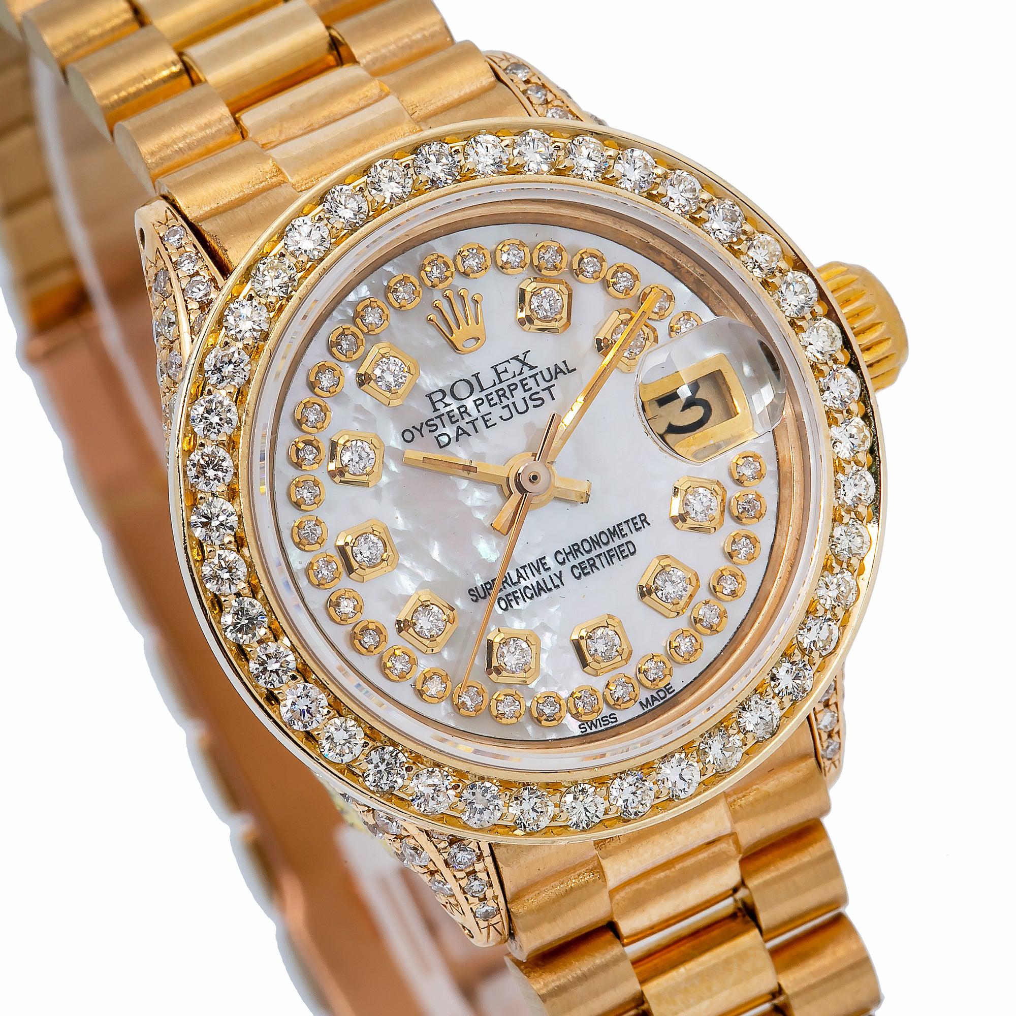 Rolex Datejust 26MM 69178 White Mother of Pearl Diamond Dial Diamond Bezel 18K Yellow Gold President Bracelet