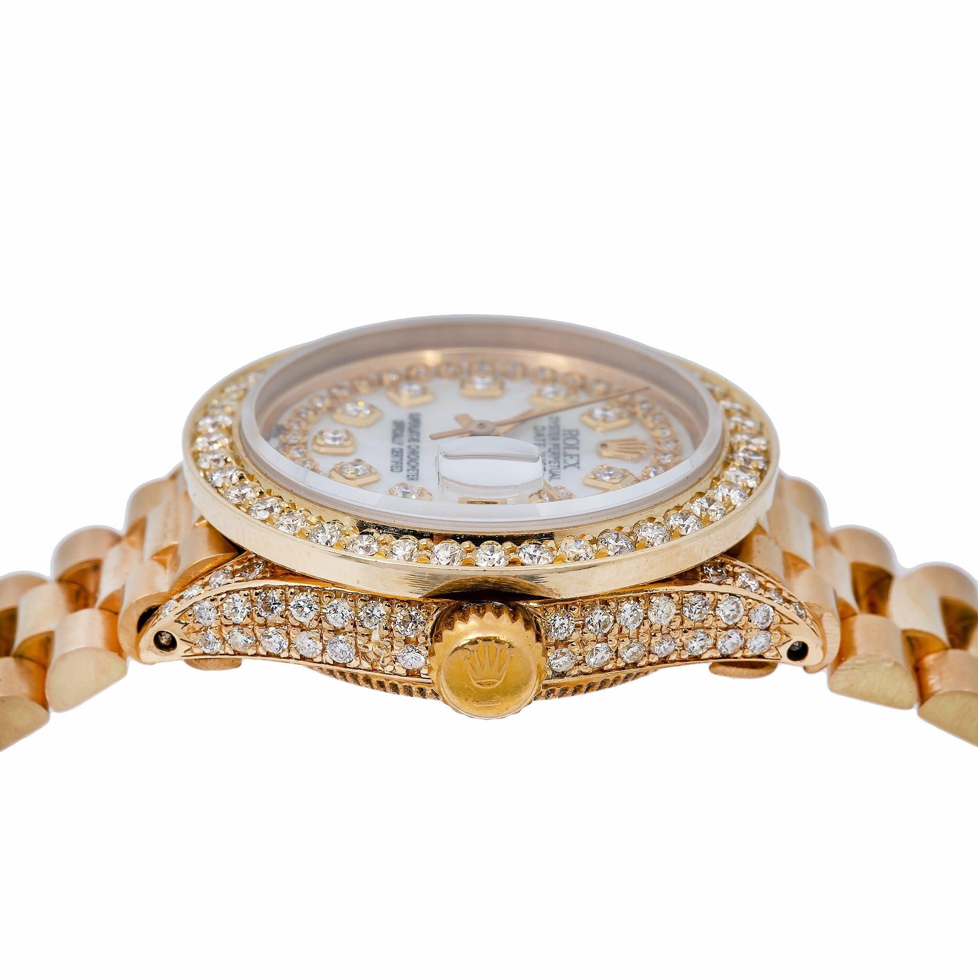 Rolex Datejust 26MM 69178 White Mother of Pearl Diamond Dial Diamond Bezel 18K Yellow Gold President Bracelet