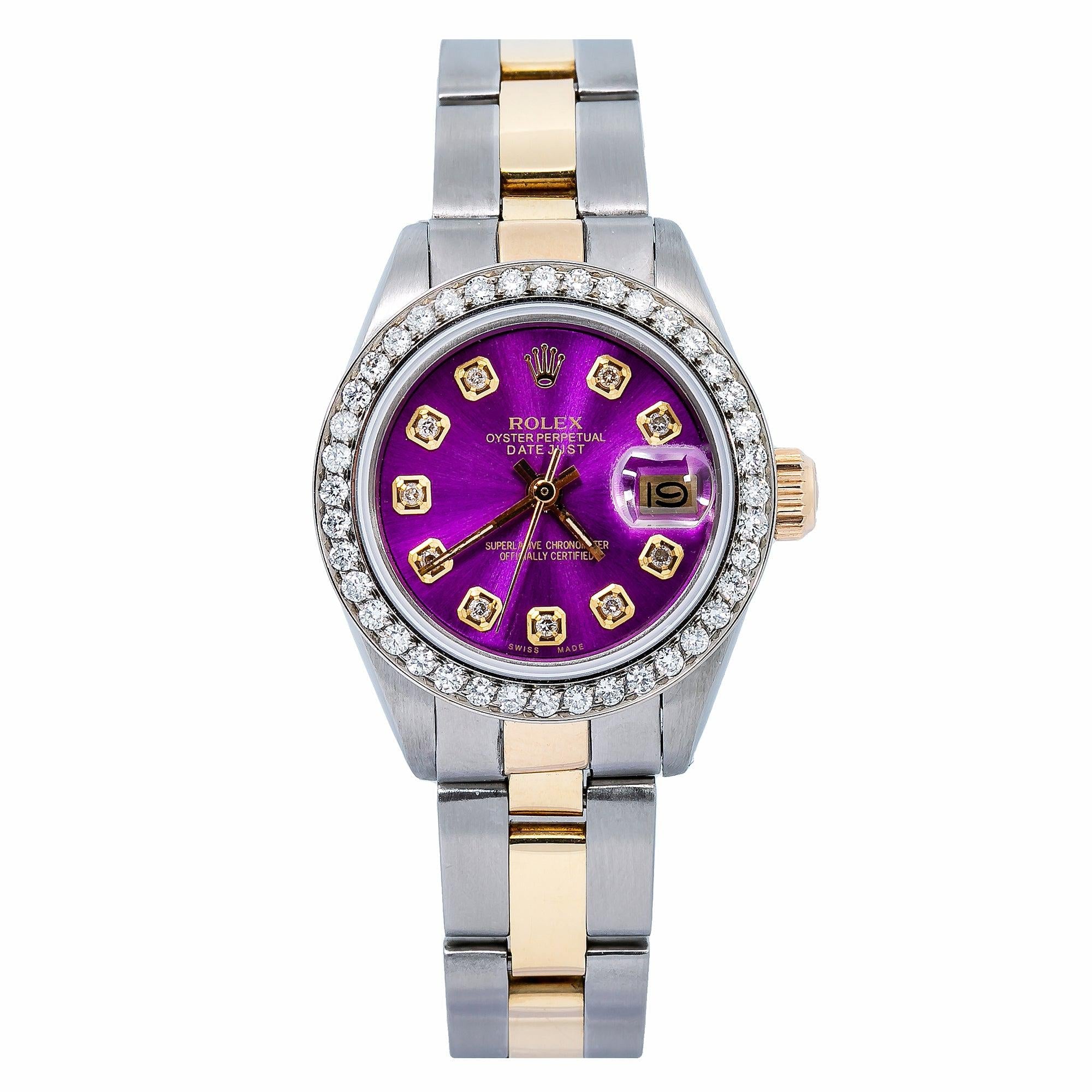 Rolex Datejust 26MM 69173 Purple Diamond Dial Diamond Bezel Two Tone Oyster Bracelet 0.9ct