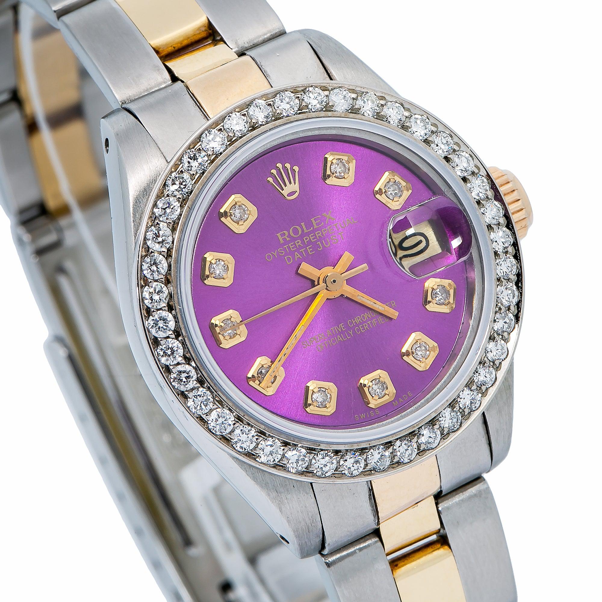 Rolex Datejust 26MM 69173 Purple Diamond Dial Diamond Bezel Two Tone Yellow Gold Oyster Bracelet 0.9ct