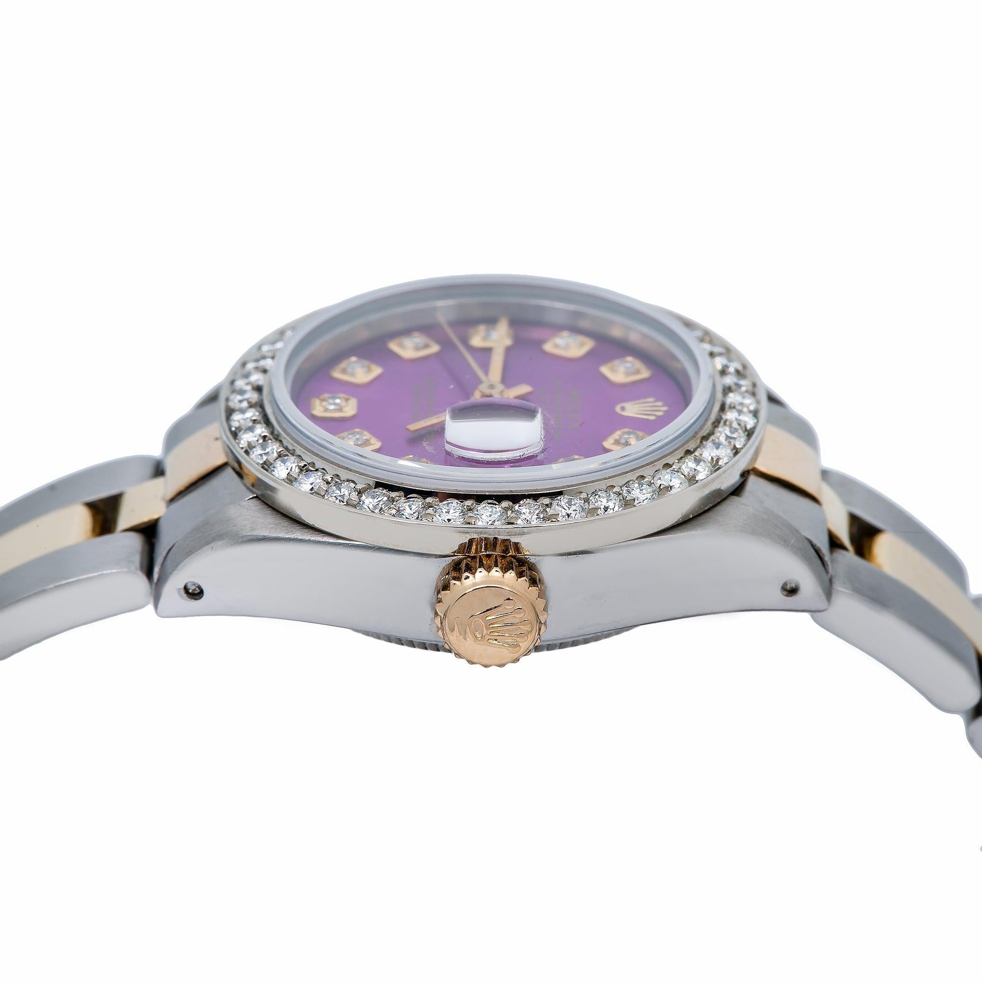 Rolex Datejust 26MM 69173 Purple Diamond Dial Diamond Bezel Two Tone Yellow Gold Oyster Bracelet 0.9ct