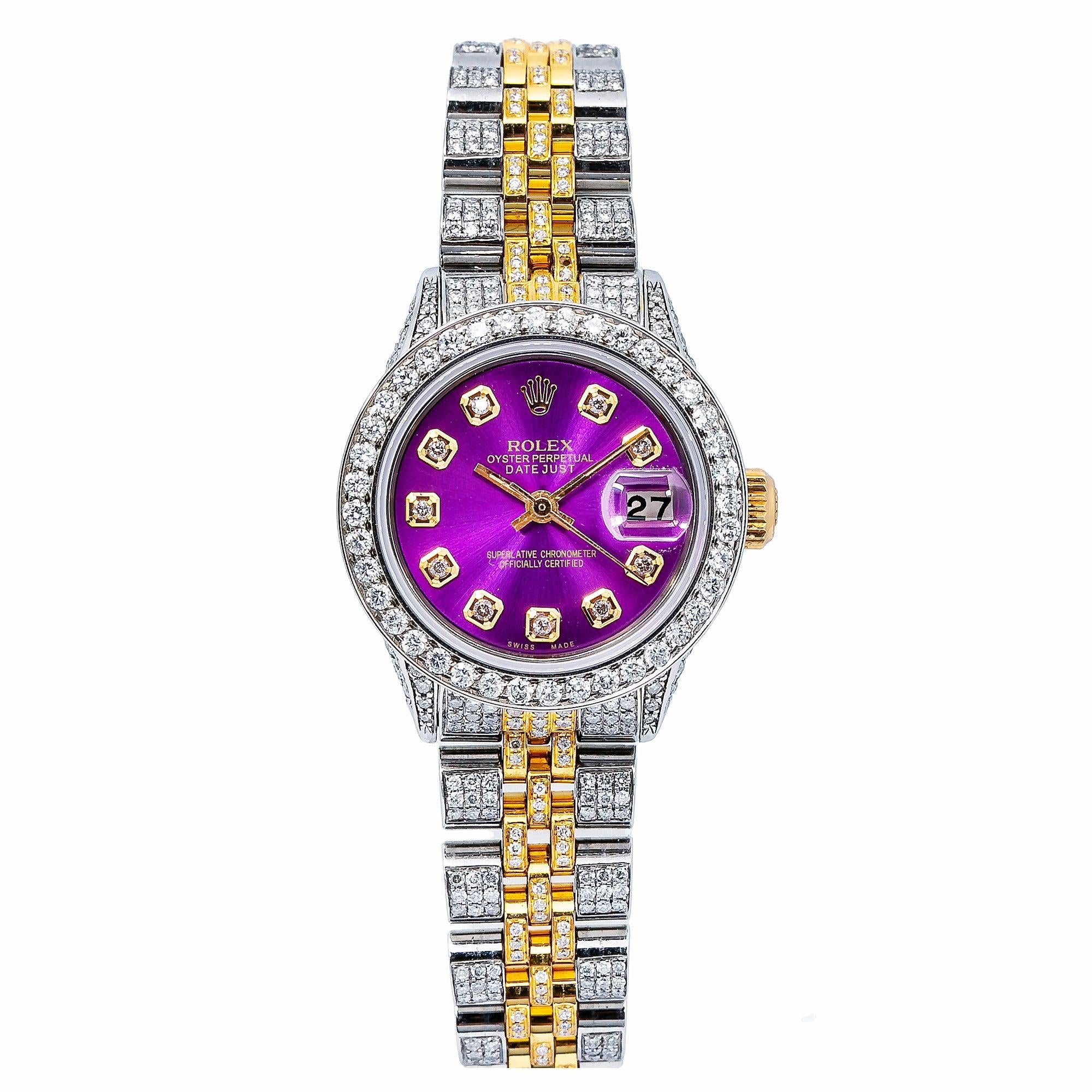 Rolex Datejust 26MM 69173 Purple Diamond Dial Diamond Bezel Two Tone Full Diamond Jubilee Bracelet