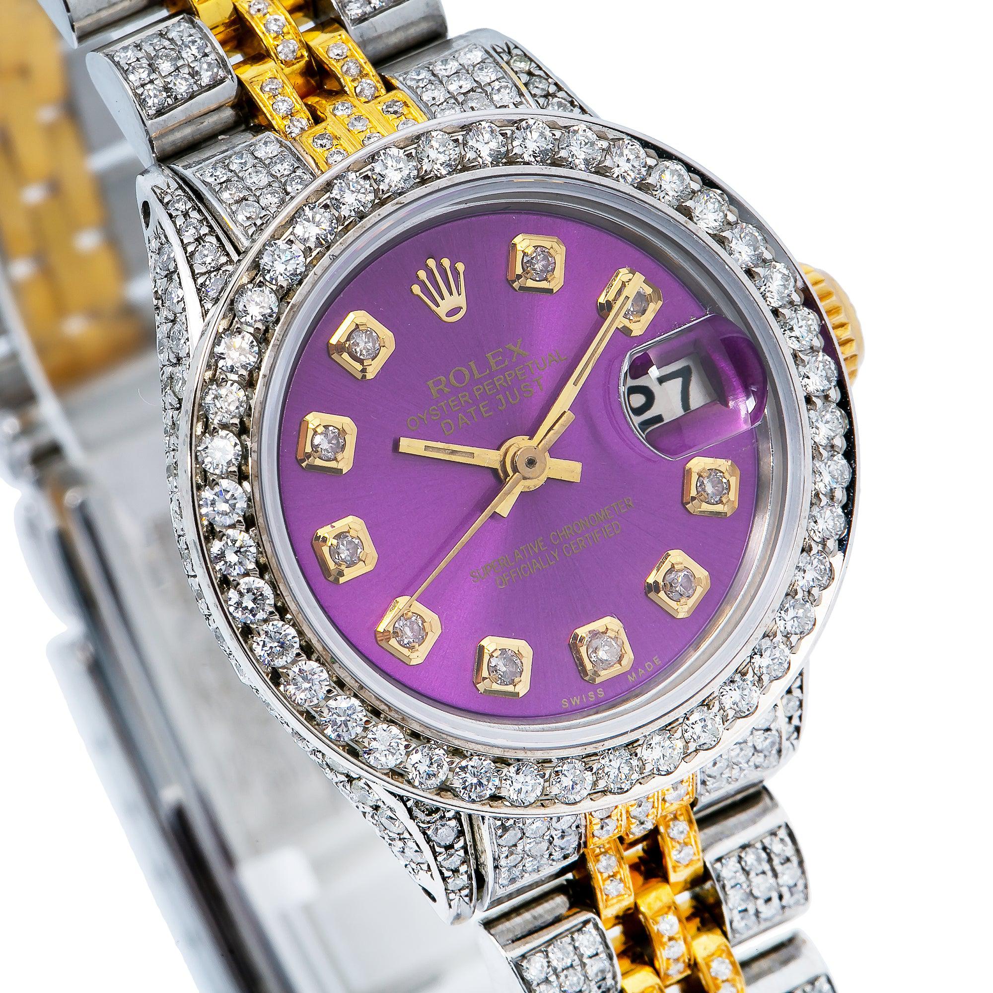 Rolex Datejust 26MM 69173 Purple Diamond Dial Diamond Bezel Two Tone Yellow Gold Full Diamond Jubilee Bracelet