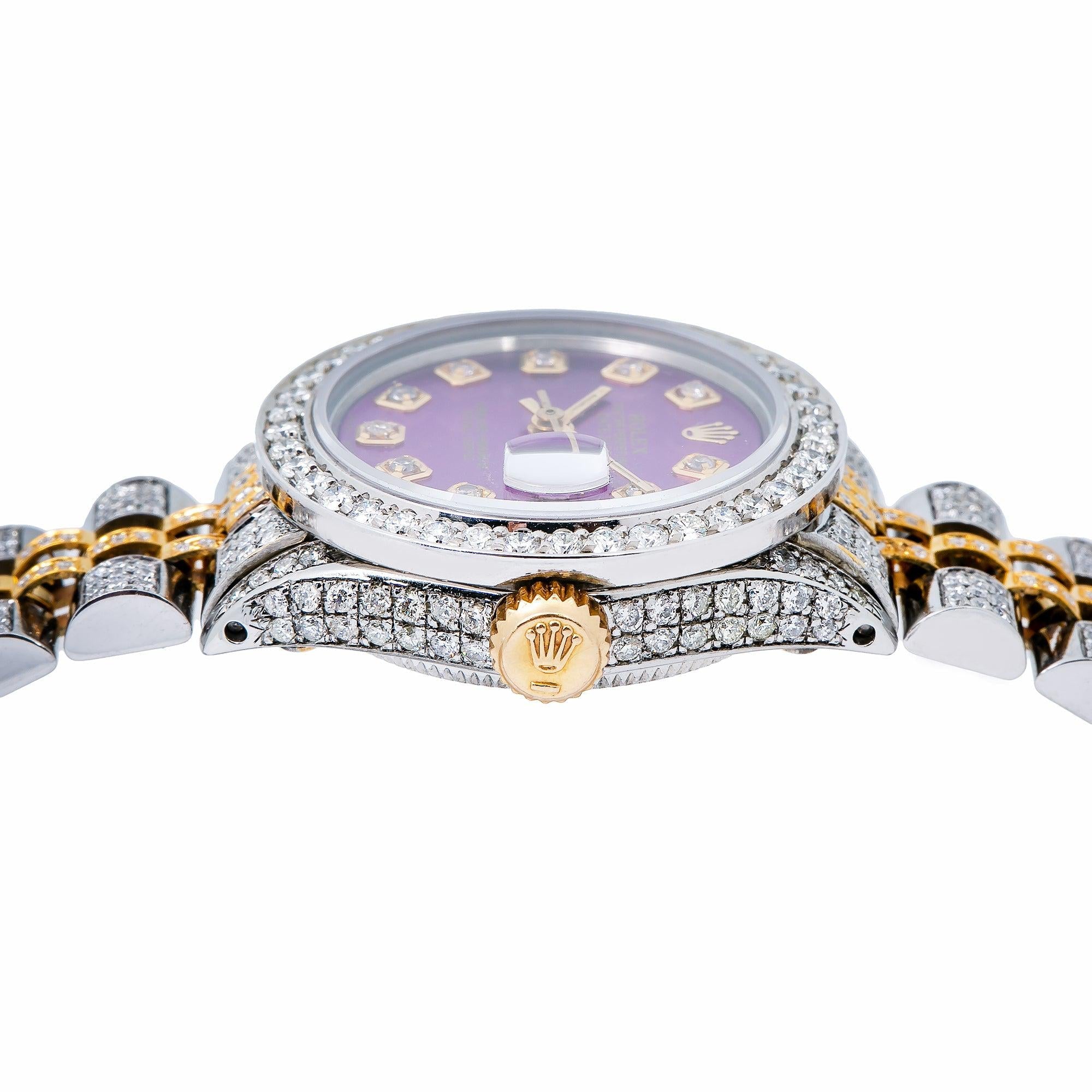 Rolex Datejust 26MM 69173 Purple Diamond Dial Diamond Bezel Two Tone Yellow Gold Full Diamond Jubilee Bracelet