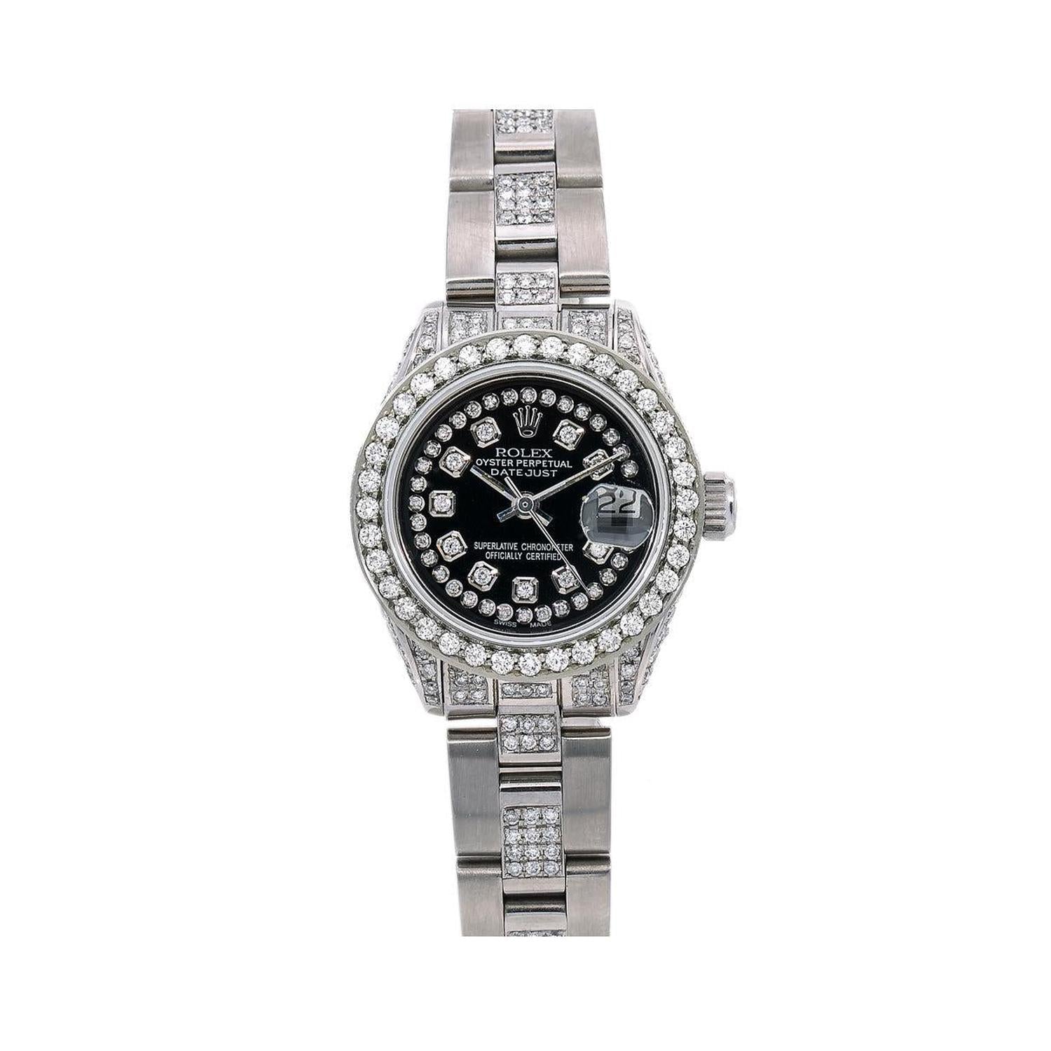 Rolex Datejust 26MM 69160 Black Roman Dial Diamond Bezel Stainless Steel Semi Diamond Oyster Bracelet 3.75ct