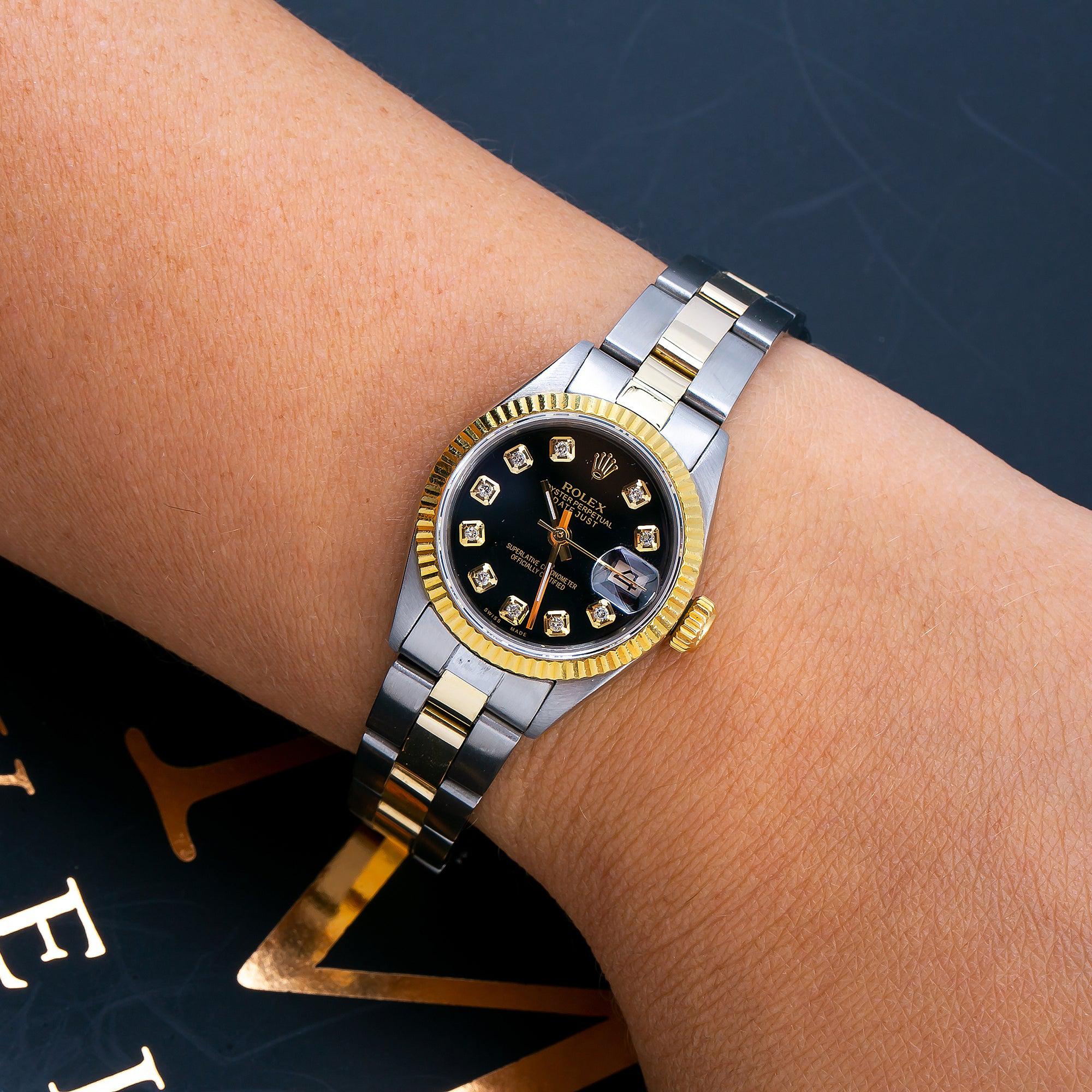 Rolex Datejust 26MM 69173 Black Diamond Dial Fluted Bezel Two Tone Yellow Gold Oyster Bracelet