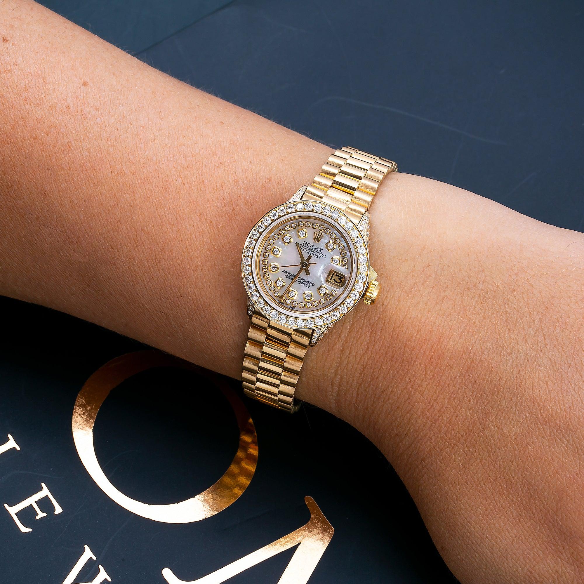Rolex Datejust 26MM 69178 White Mother of Pearl Diamond Dial Diamond Bezel 18K Yellow Gold President Bracelet