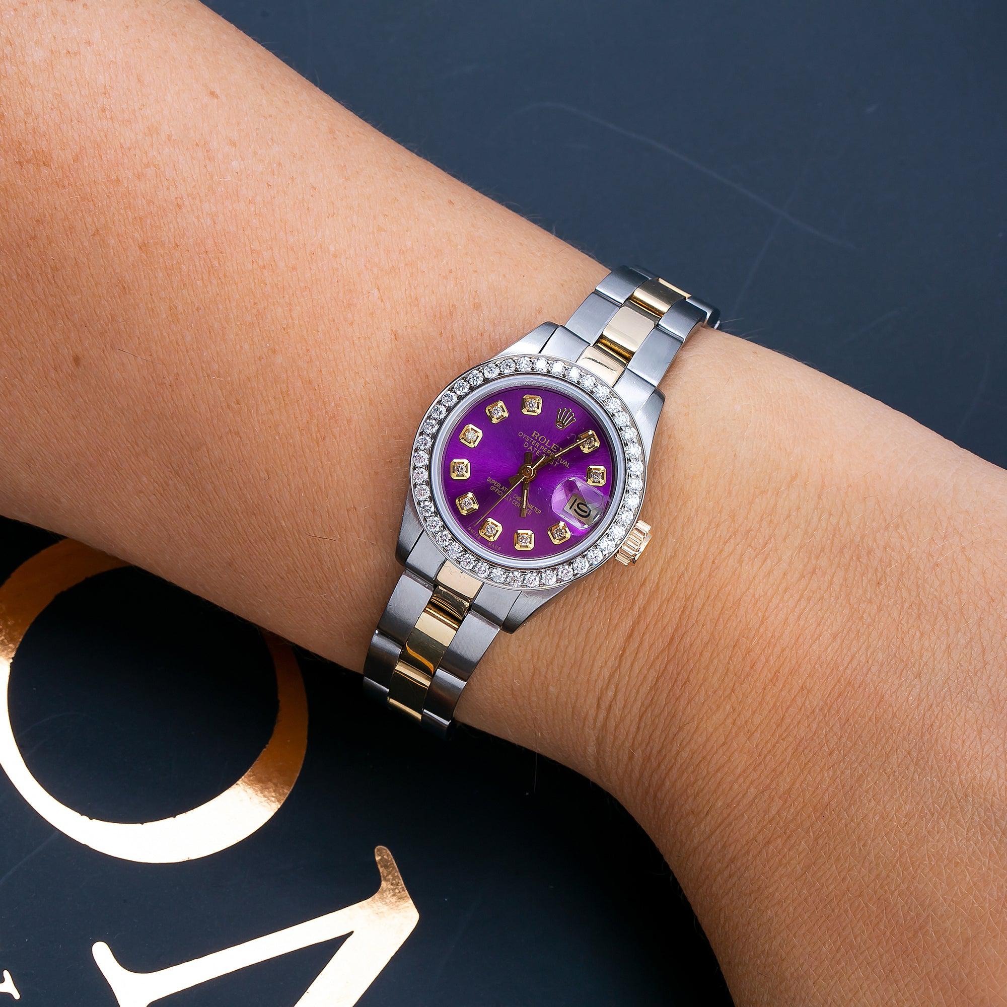 Rolex Datejust 26MM 69173 Purple Diamond Dial Diamond Bezel Two Tone Yellow Gold Oyster Bracelet 0.9ct