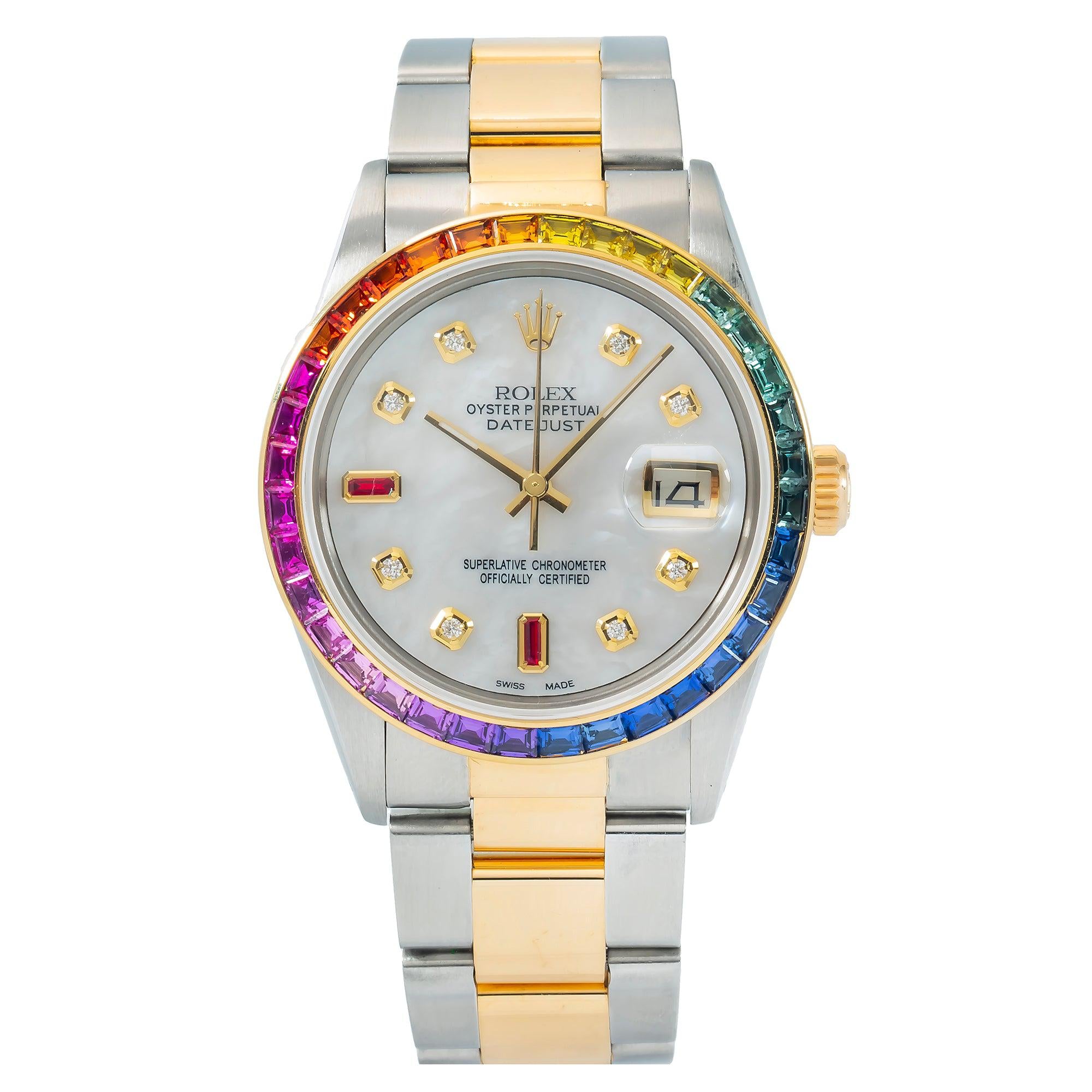 Rolex Datejust 36MM 16013 Mother of Pearl Diamond Dial Rainbow Gemstone Bezel Two Tone Oyster Bracelet