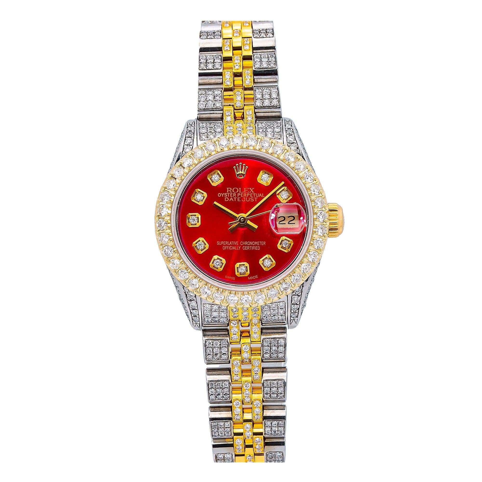 Rolex Datejust 26MM 69173 Red Diamond Dial Diamond Bezel Two Tone Full Diamond Jubilee Bracelet