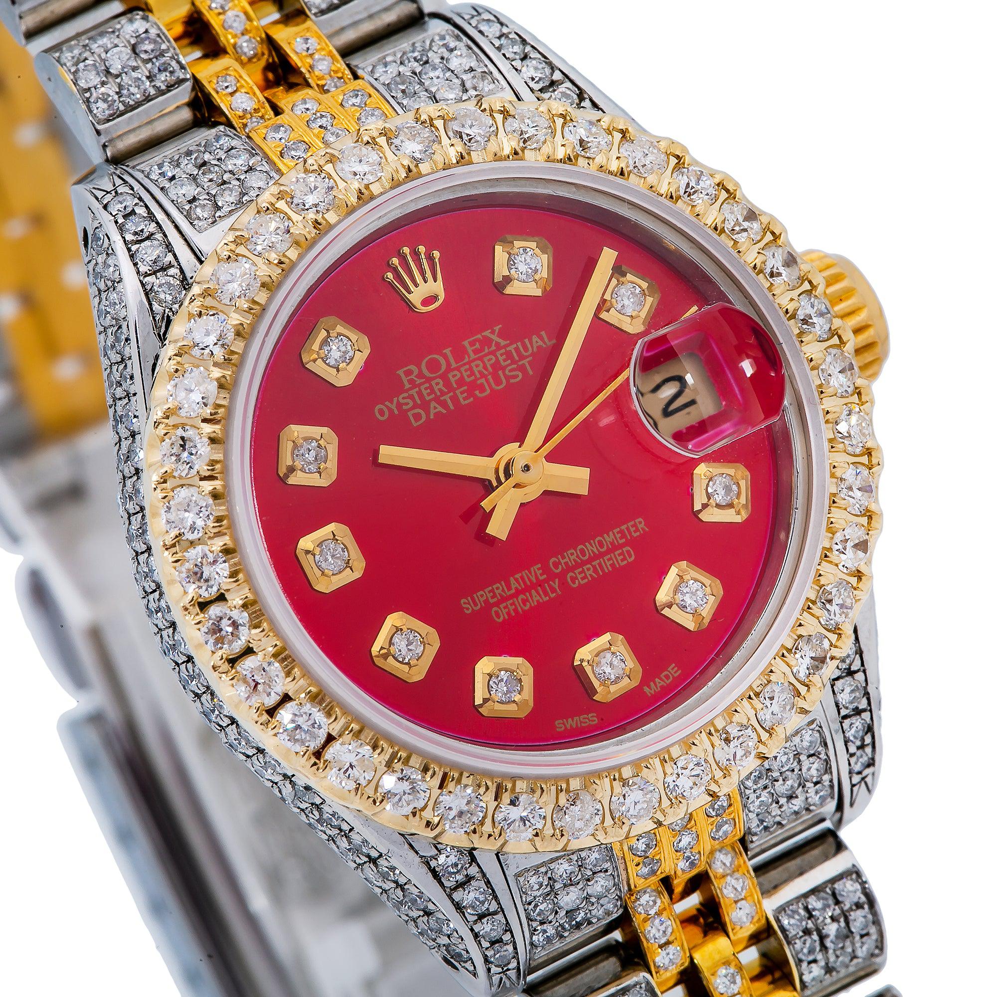 Rolex Datejust 26MM 69173 Red Diamond Dial Diamond Bezel Two Tone Yellow Gold Full Diamond Jubilee Bracelet