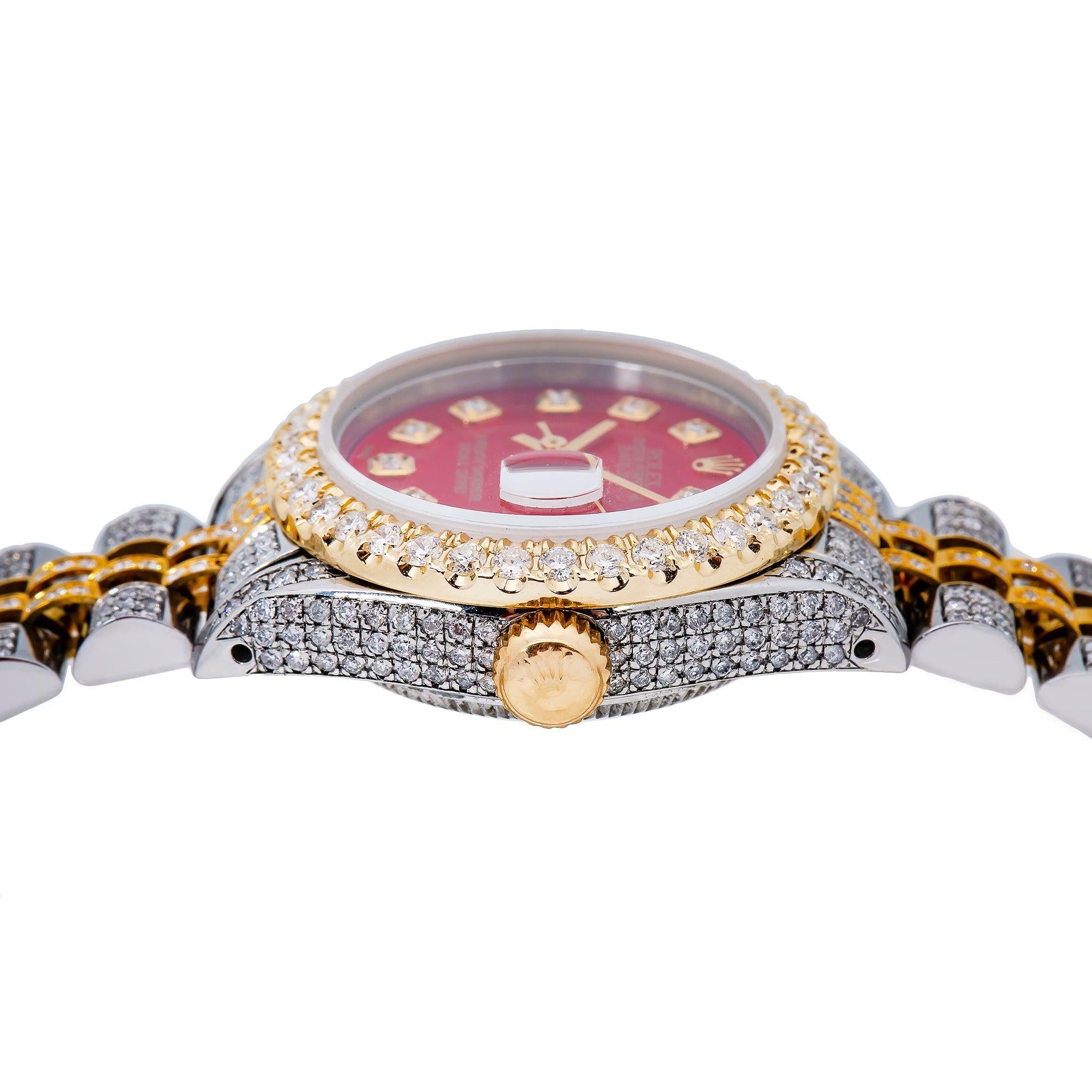 Rolex Datejust 26MM 69173 Red Diamond Dial Diamond Bezel Two Tone Yellow Gold Full Diamond Jubilee Bracelet