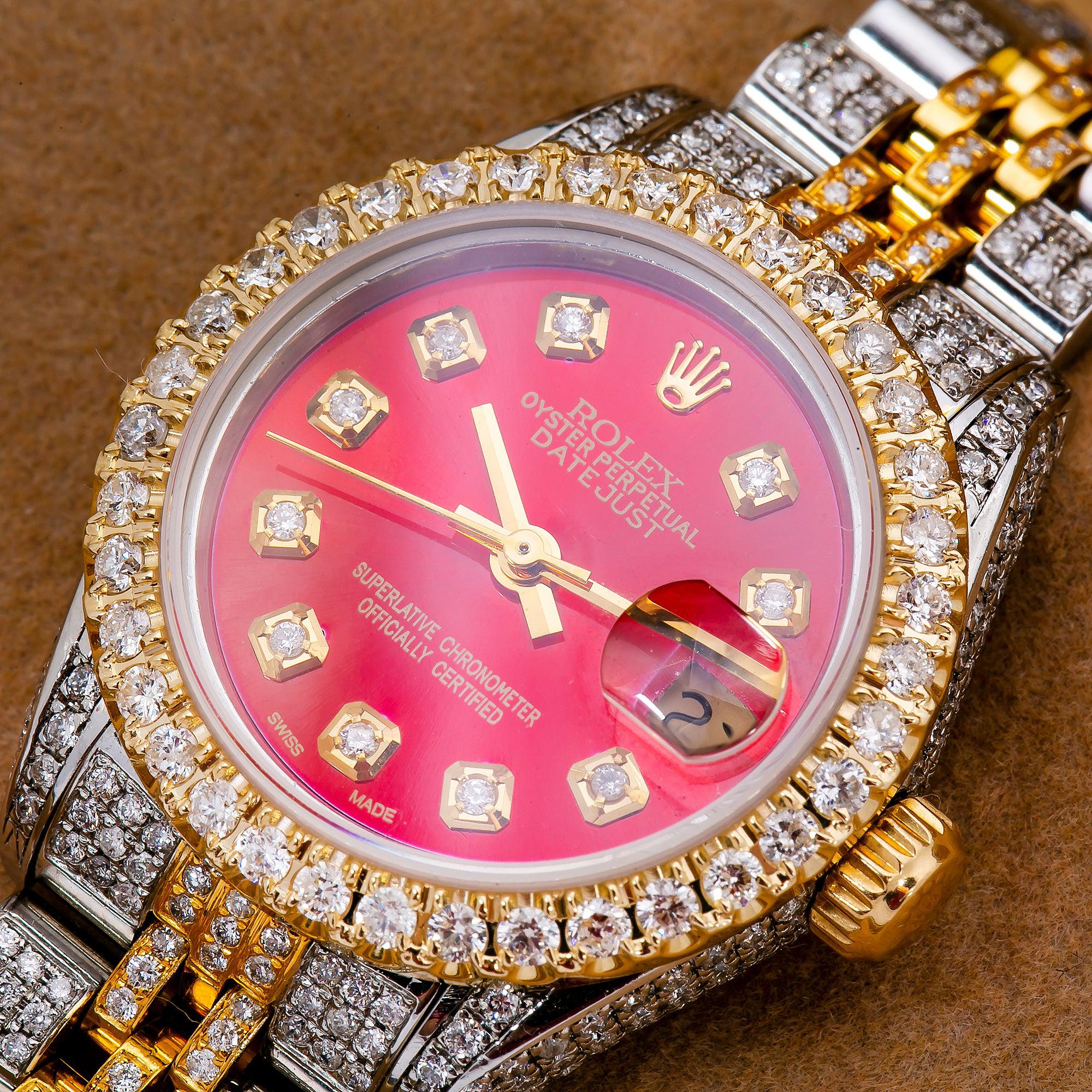 Rolex Datejust 26MM 69173 Red Diamond Dial Diamond Bezel Two Tone Yellow Gold Full Diamond Jubilee Bracelet