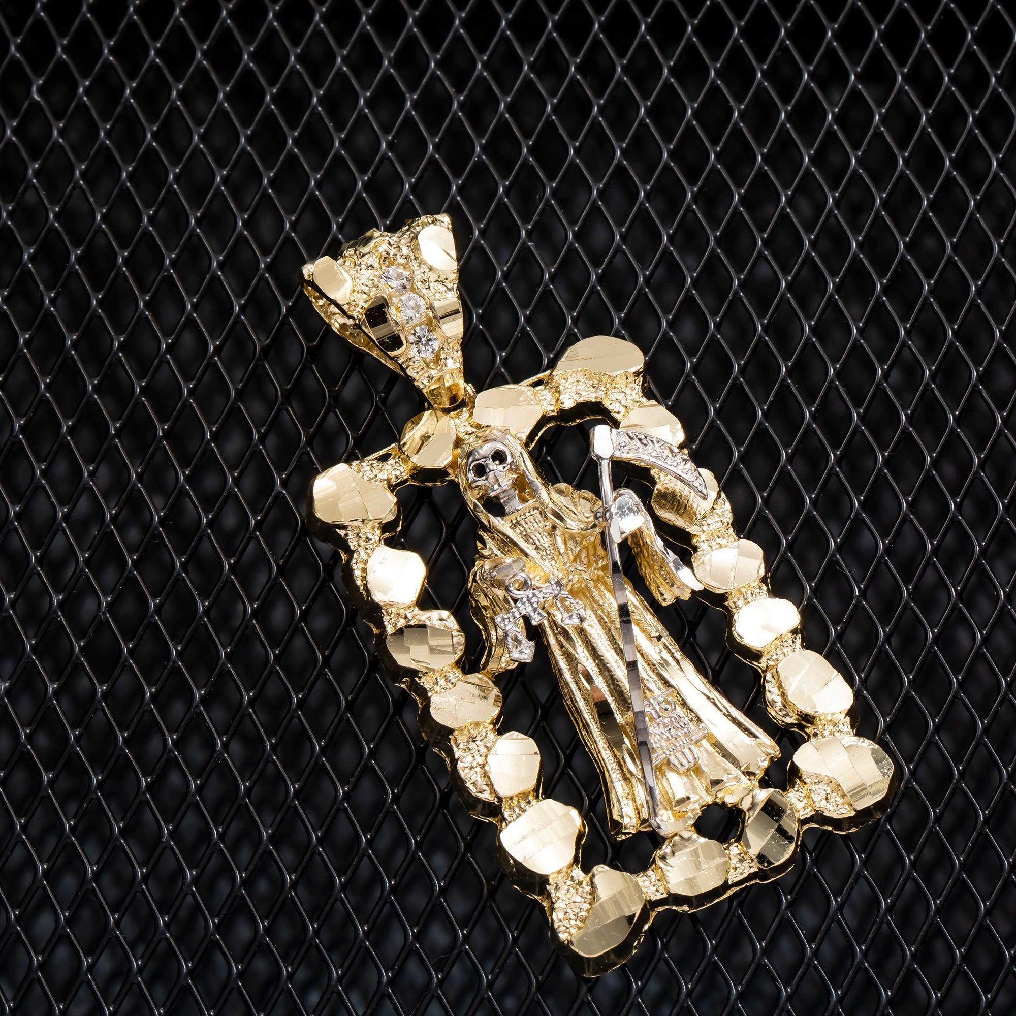 10K GOLD NUGGET TWO TONE GRIM REAPER PENDANT 18.3G