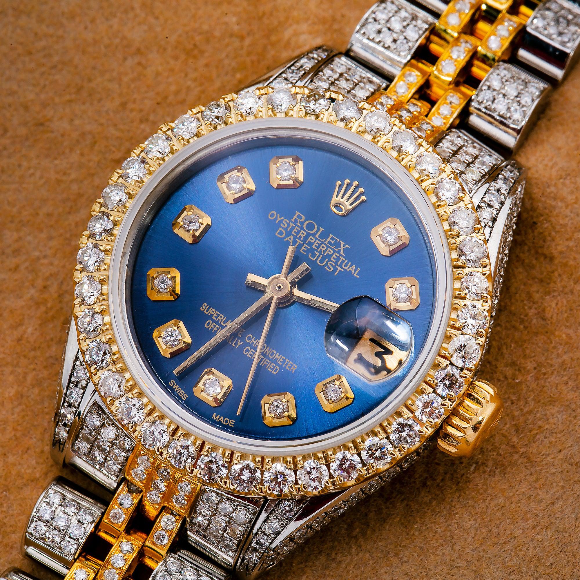 Rolex Datejust 26MM 69173 Blue Diamond Dial Diamond Bezel Two Tone Yellow Gold Full Diamond Jubilee Bracelet