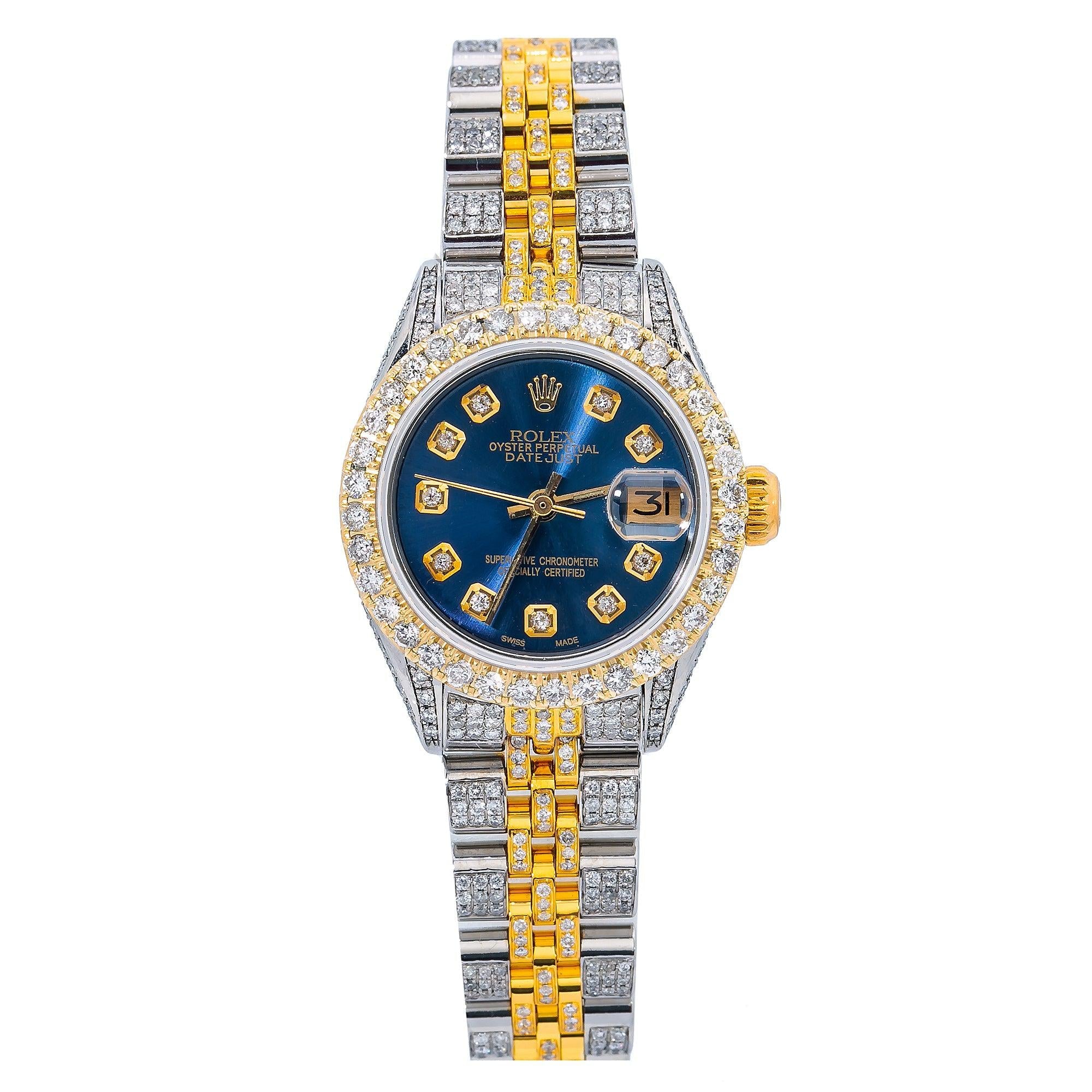 Rolex Datejust 26MM 69173 Blue Diamond Dial Diamond Bezel Two Tone Full Diamond Jubilee Bracelet