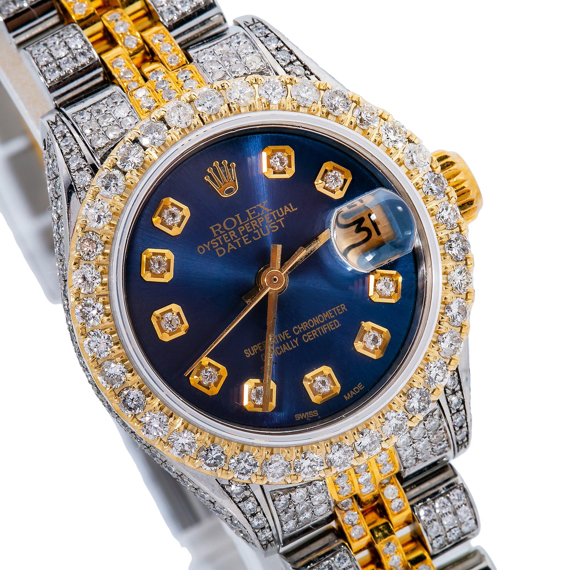 Rolex Datejust 26MM 69173 Blue Diamond Dial Diamond Bezel Two Tone Yellow Gold Full Diamond Jubilee Bracelet