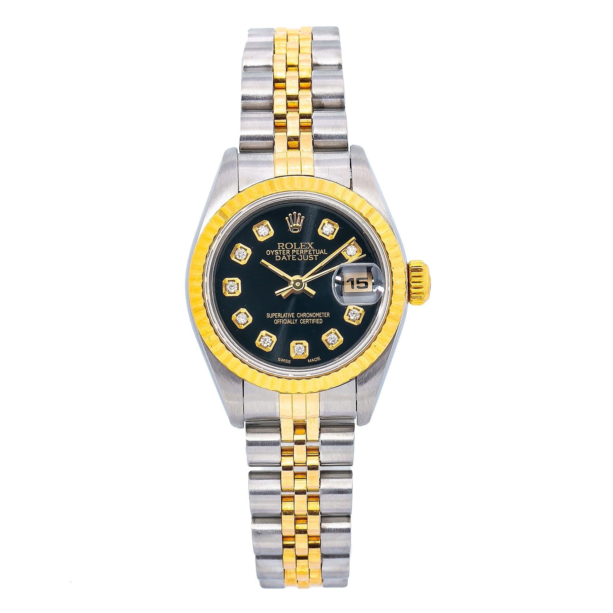 Rolex Datejust 26MM 6917 Black Diamond Dial Yellow Gold Fluted Bezel Two Tone Jubilee Bracelet