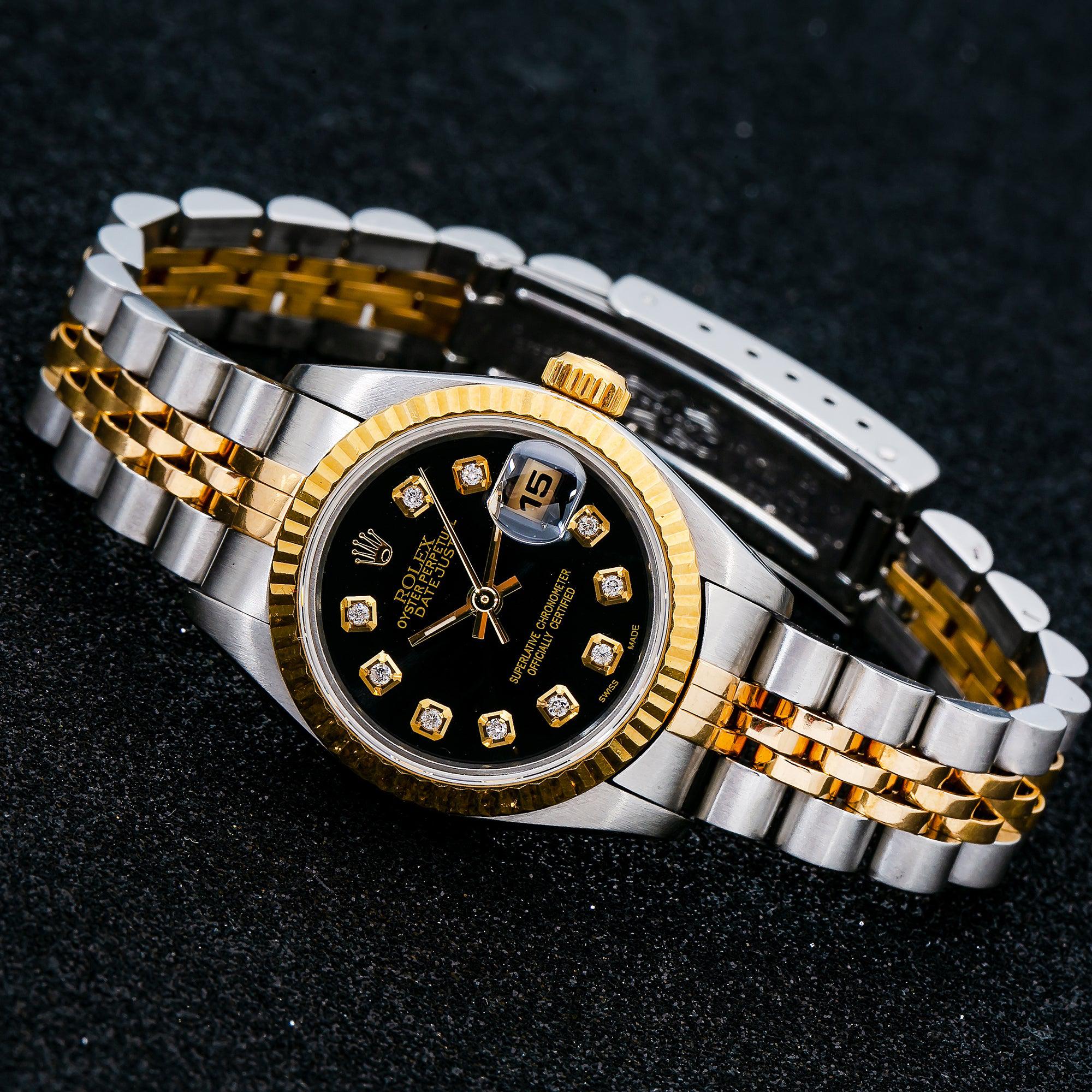 Rolex Datejust 26MM 6917 Black Diamond Dial Fluted Bezel Two Tone Yellow Gold Jubilee Bracelet