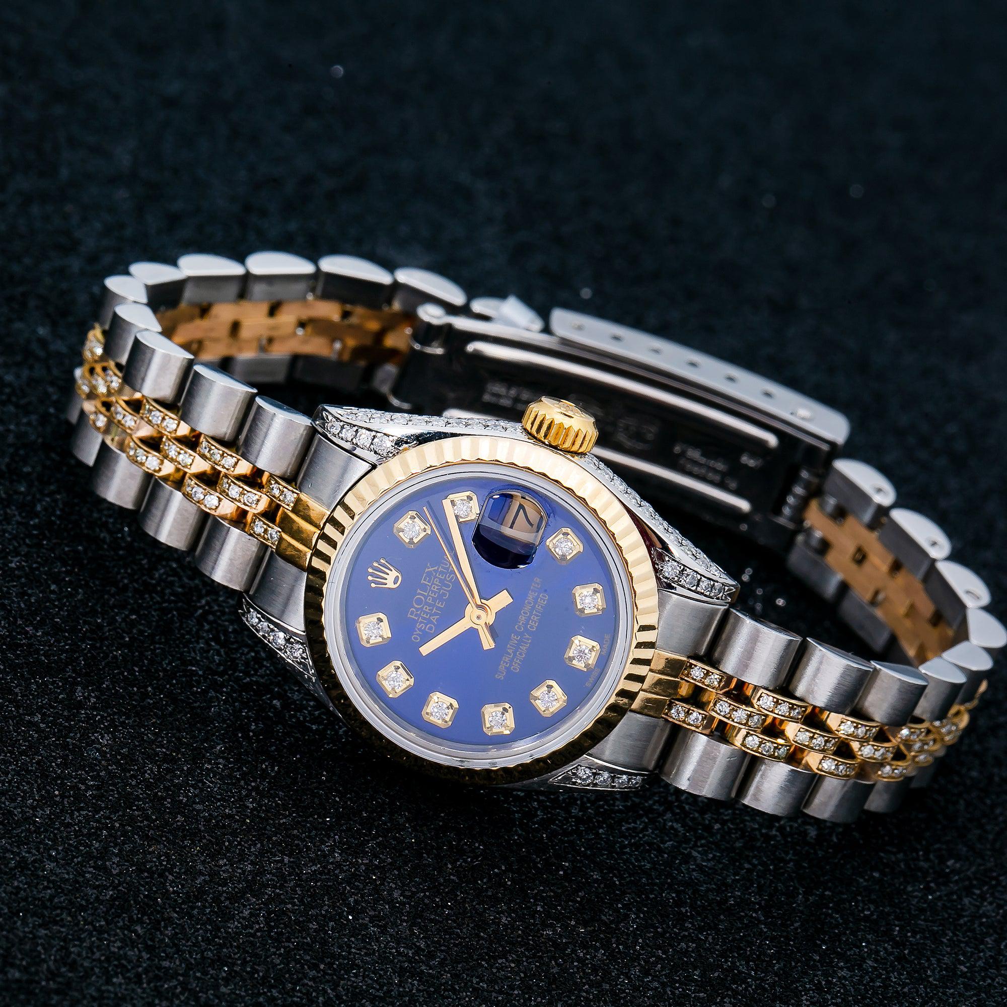 Rolex Datejust 26MM 6917 Blue Diamond Dial Fluted Bezel Two Tone Yellow Gold Semi Diamond Jubilee Bracelet