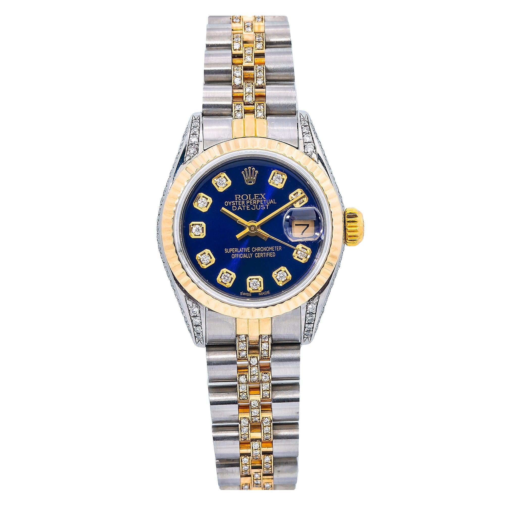 Rolex Datejust 26MM 6917 Blue Diamond Dial Yellow Gold Fluted Bezel Two Tone Semi Diamond Jubilee Bracelet
