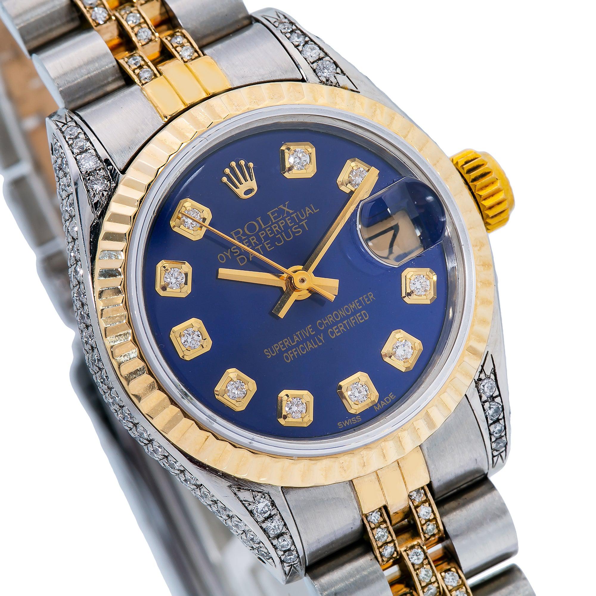 Rolex Datejust 26MM 6917 Blue Diamond Dial Fluted Bezel Two Tone Yellow Gold Semi Diamond Jubilee Bracelet