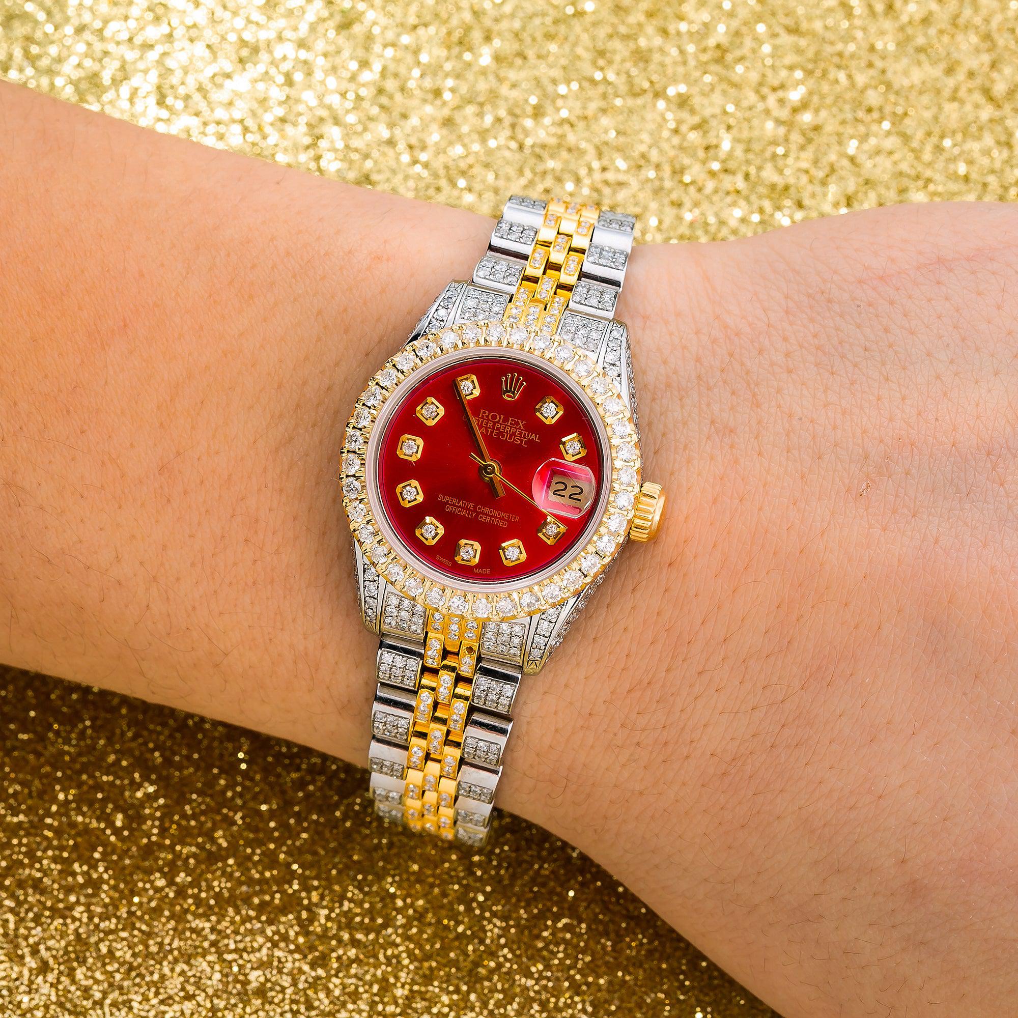 Rolex Datejust 26MM 69173 Red Diamond Dial Diamond Bezel Two Tone Yellow Gold Full Diamond Jubilee Bracelet