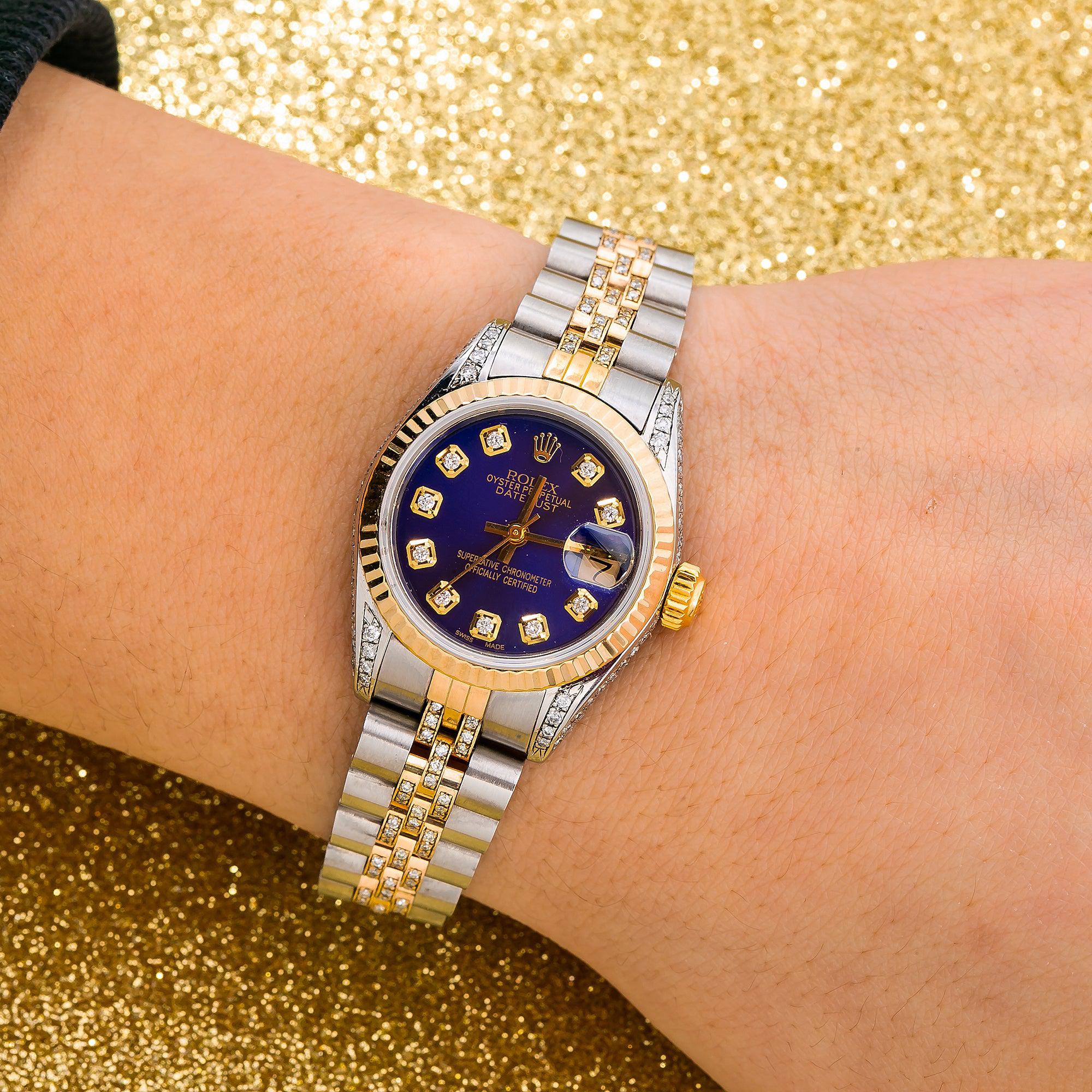 Rolex Datejust 26MM 6917 Blue Diamond Dial Fluted Bezel Two Tone Yellow Gold Semi Diamond Jubilee Bracelet